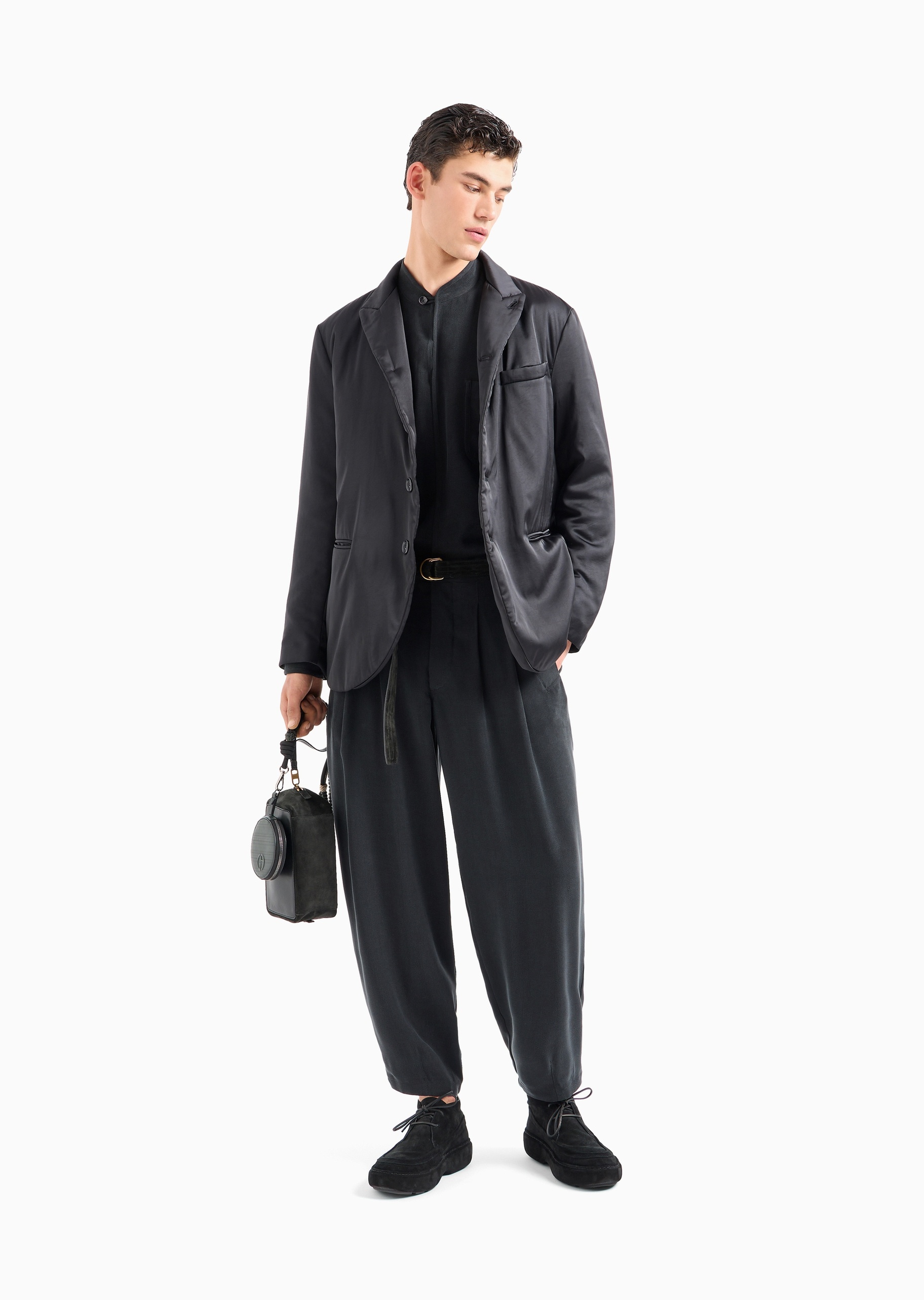 Giorgio Armani 男士全棉合身长袖小立领套头单扣开襟衬衫