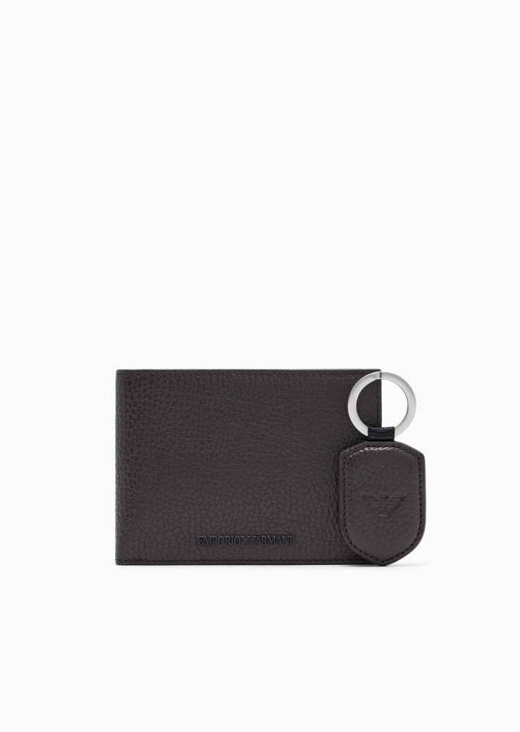 Emporio Armani 男士牛皮革荔枝纹对折多卡位钱包钥匙扣套装
