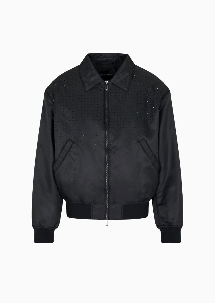 Emporio Armani 男士短款长袖翻领缎面水钻复古拉链门襟棉服