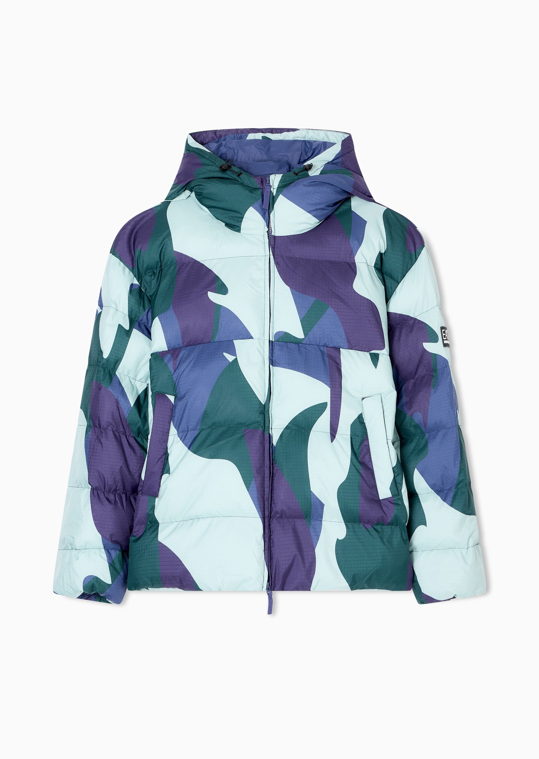 EA7 男士加厚长袖连帽拉链门襟通体印花棉服