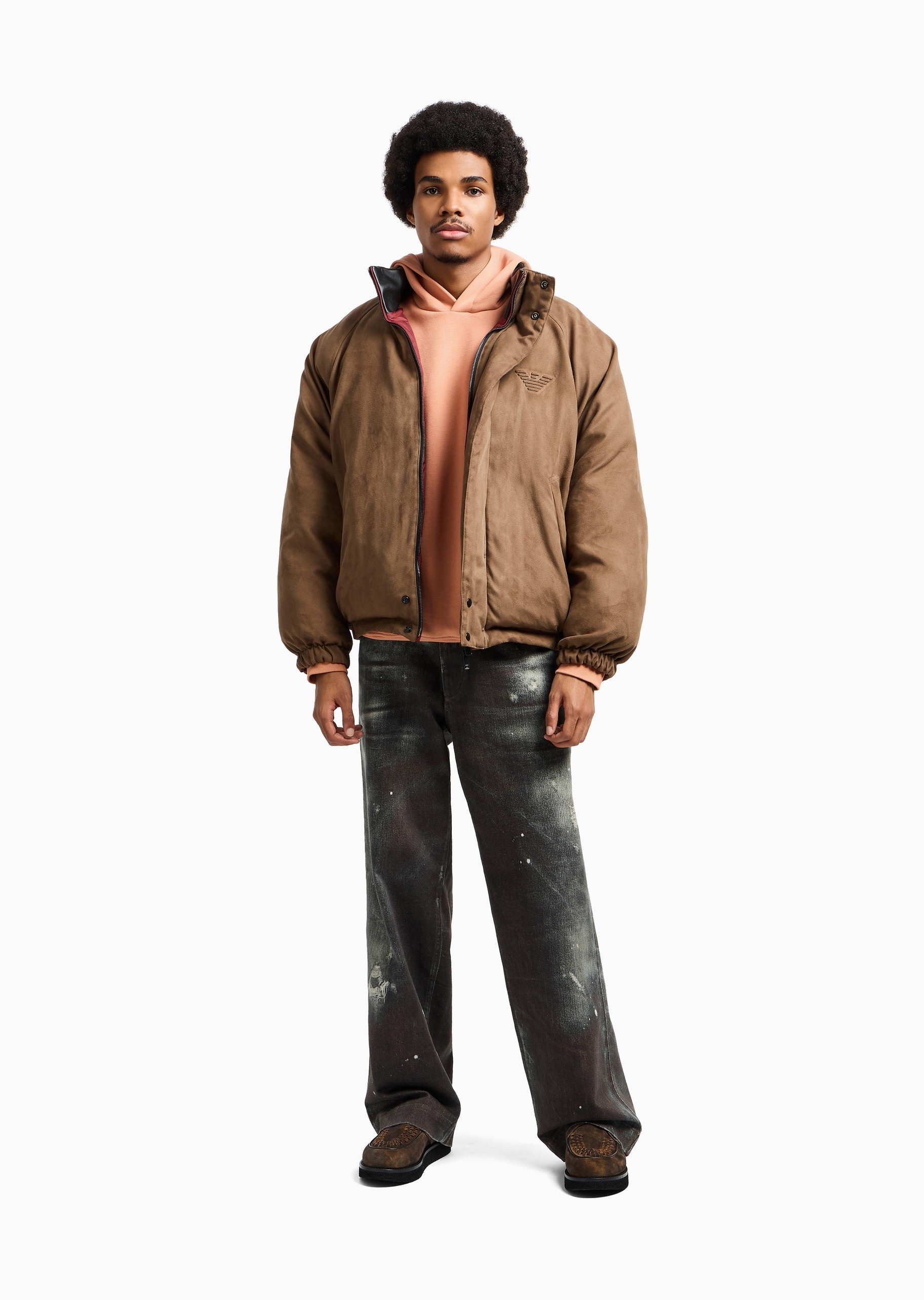 Emporio Armani 男士短款加厚长袖立领双面两穿压花休闲棉服