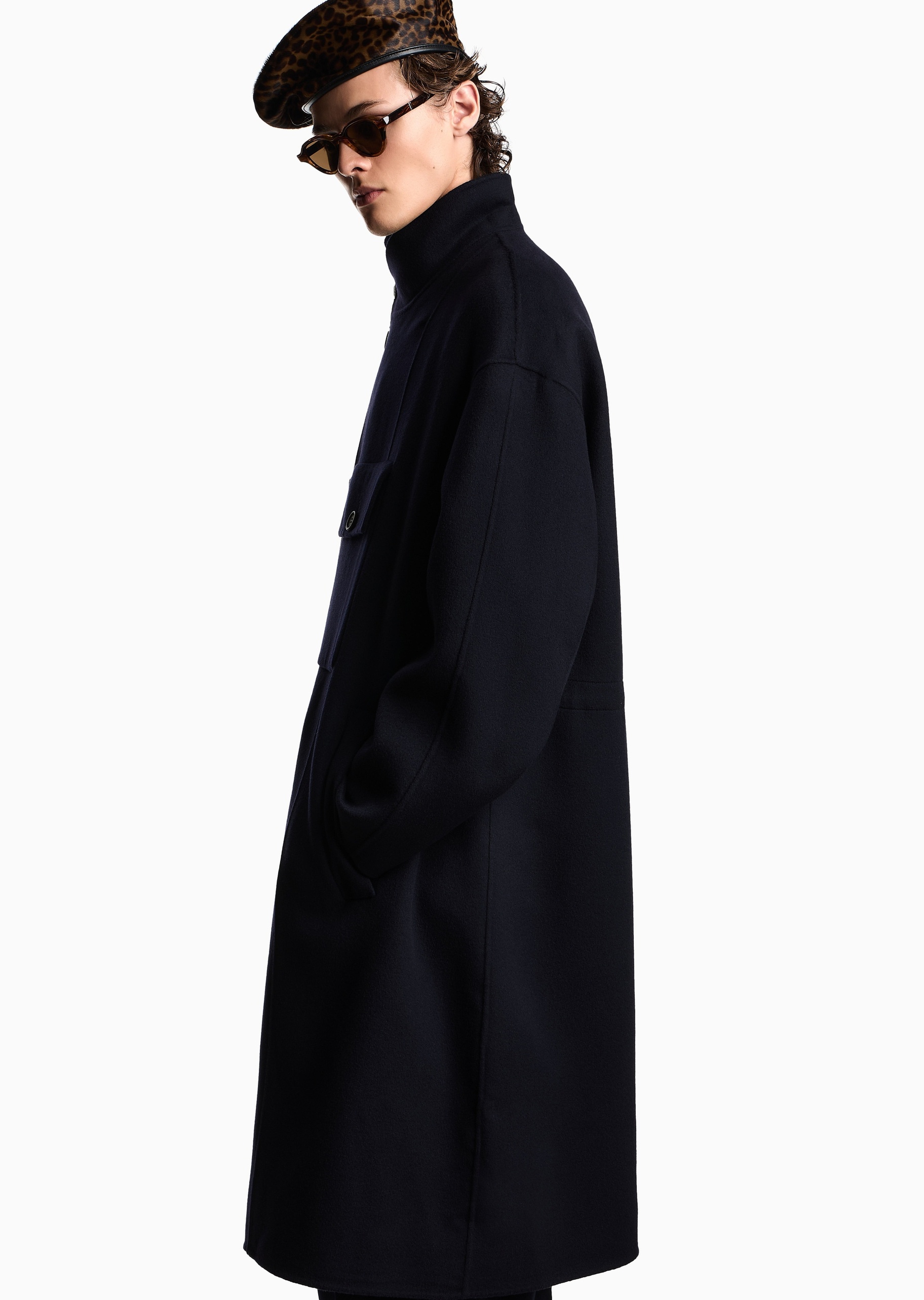 Emporio Armani 男士绵羊毛中长款立领单排扣大衣