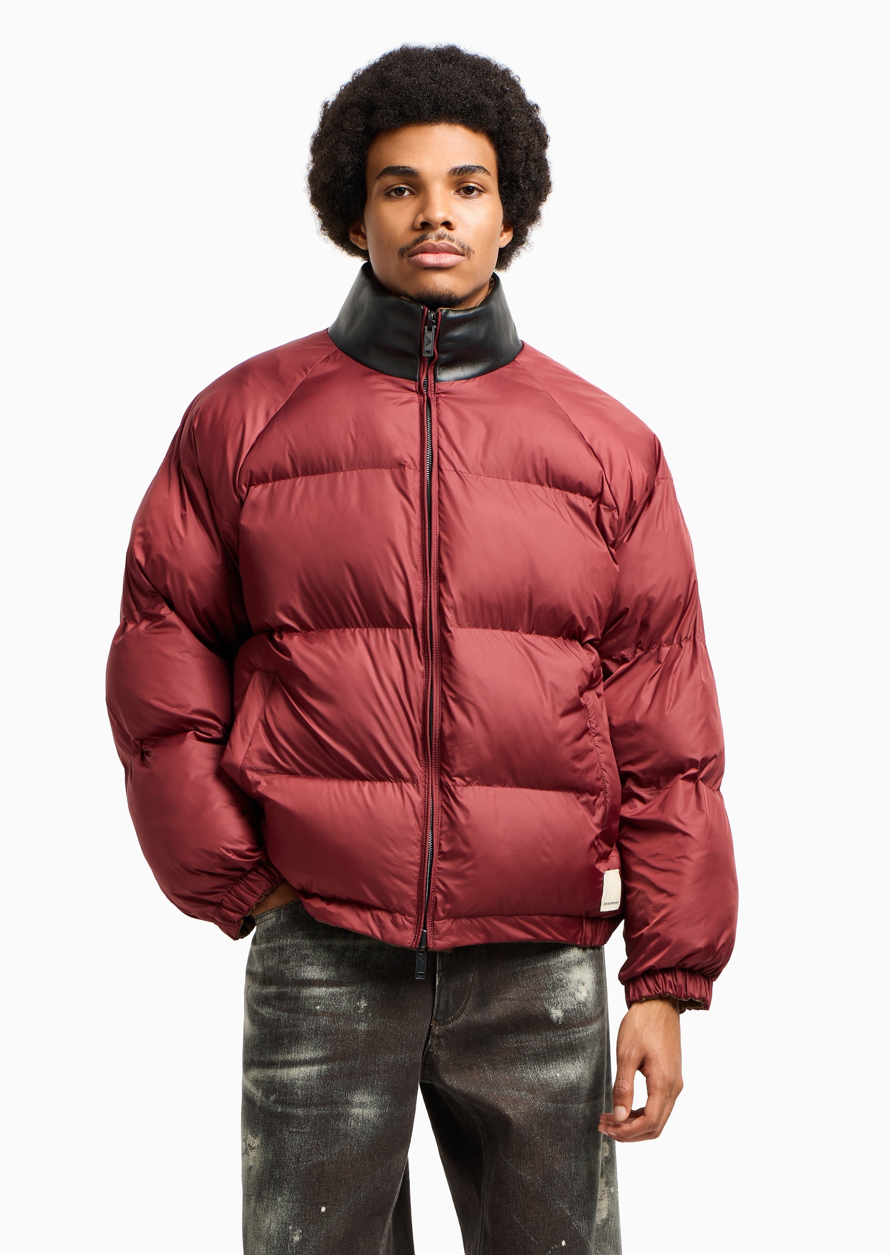 Emporio Armani 男士短款加厚长袖立领双面两穿压花休闲棉服