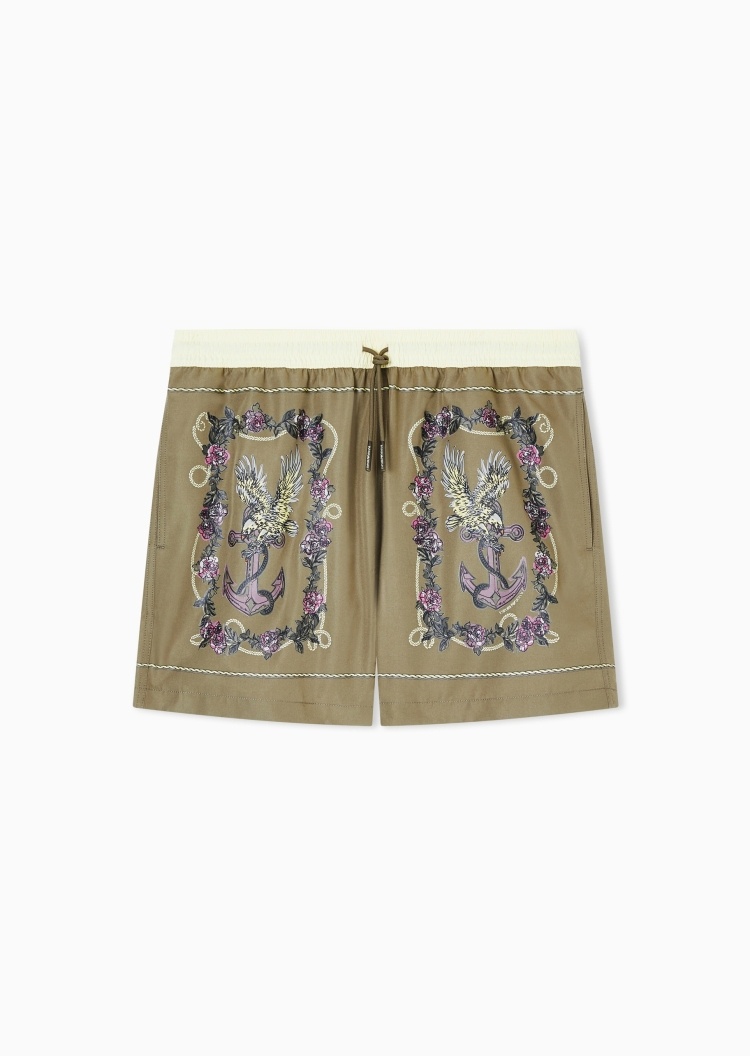 Emporio Armani 男士系带腰短款直筒印花游泳沙滩裤