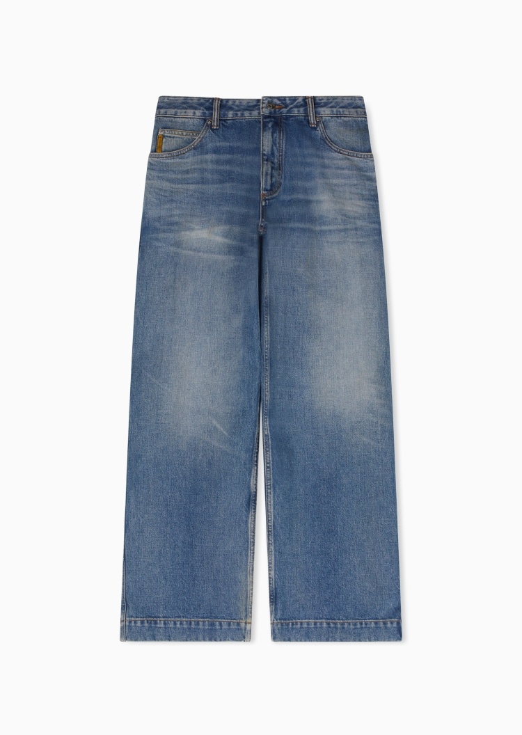 Emporio Armani 男士纯棉宽松中腰长款阔腿水洗牛仔裤