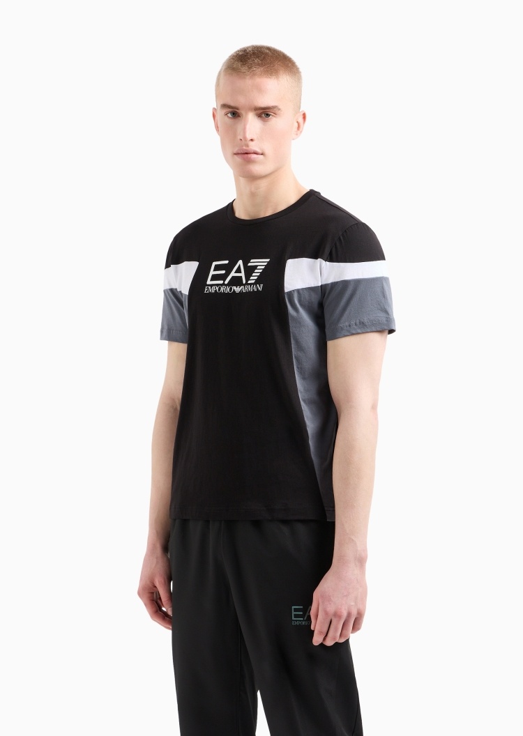 EA7 男士全棉合身短袖圆领拼色健身T恤