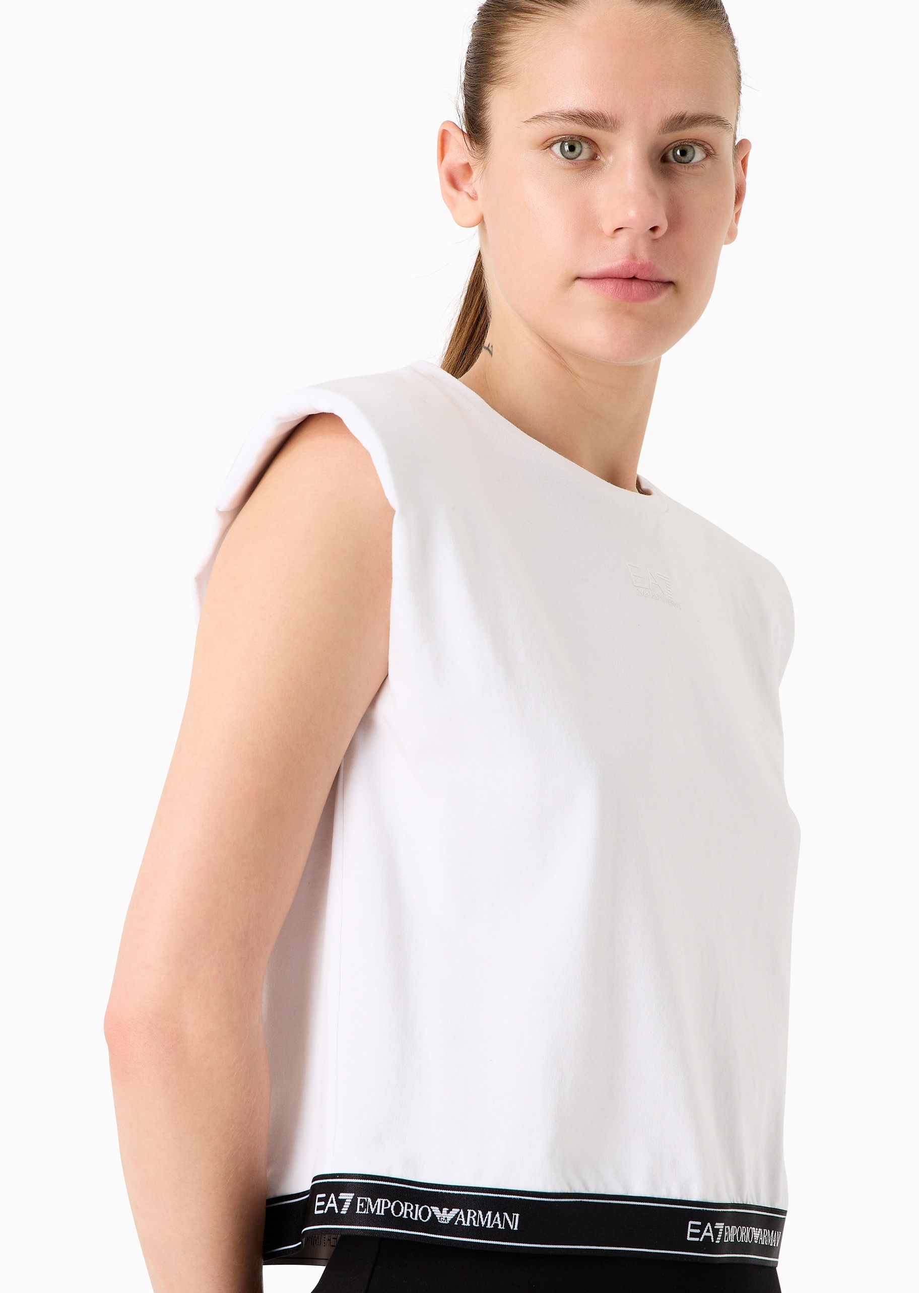 EA7 女士棉质弹力合身短袖短款圆领健身针织T恤