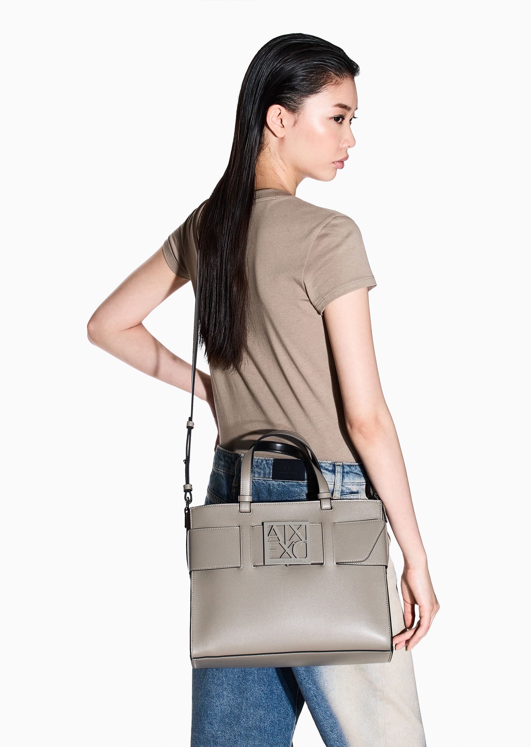 ARMANI EXCHANGE 女士中号拉链可拆肩带宽饰带手提斜挎托特包
