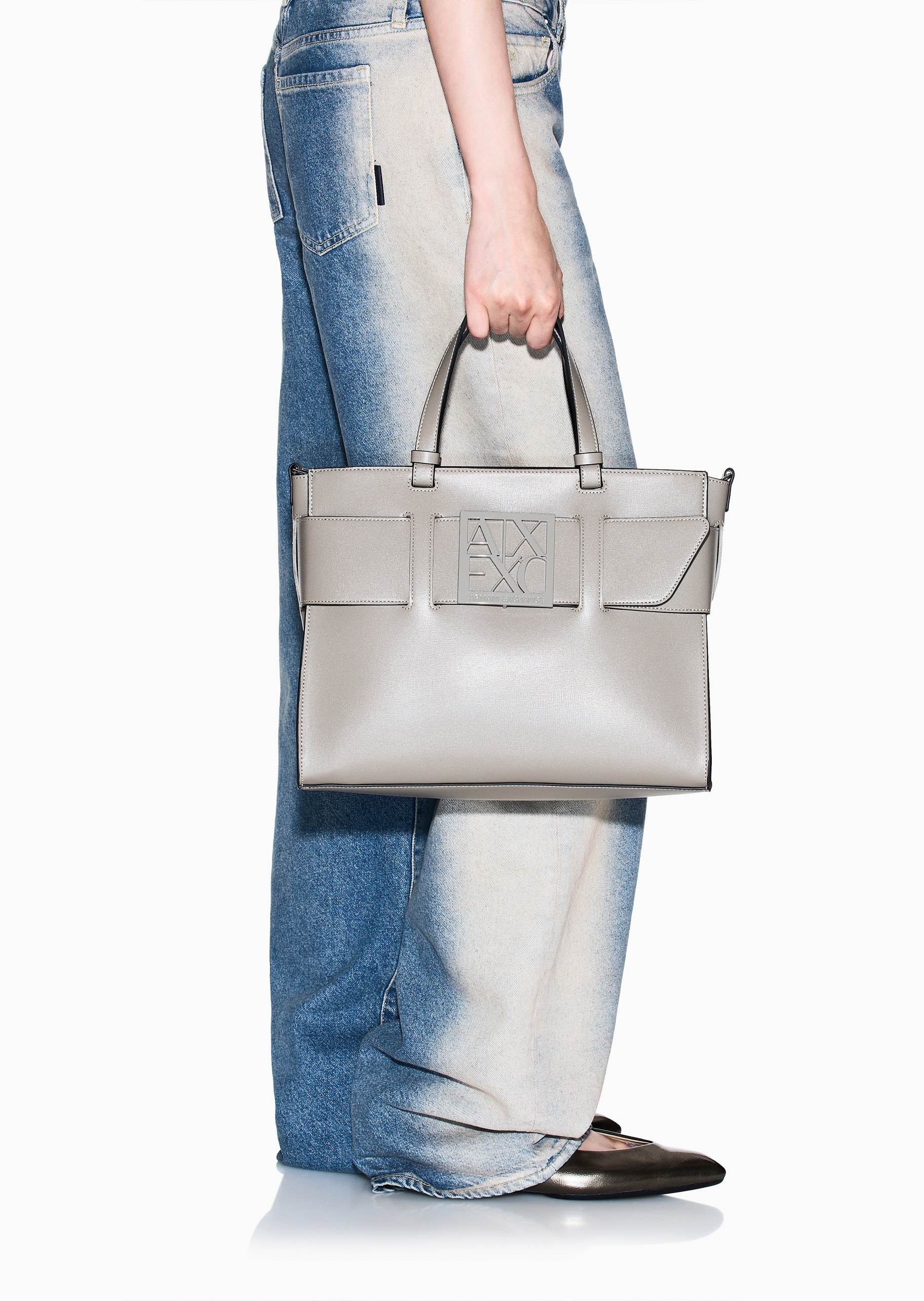ARMANI EXCHANGE 女士中号拉链可拆肩带宽饰带手提斜挎托特包