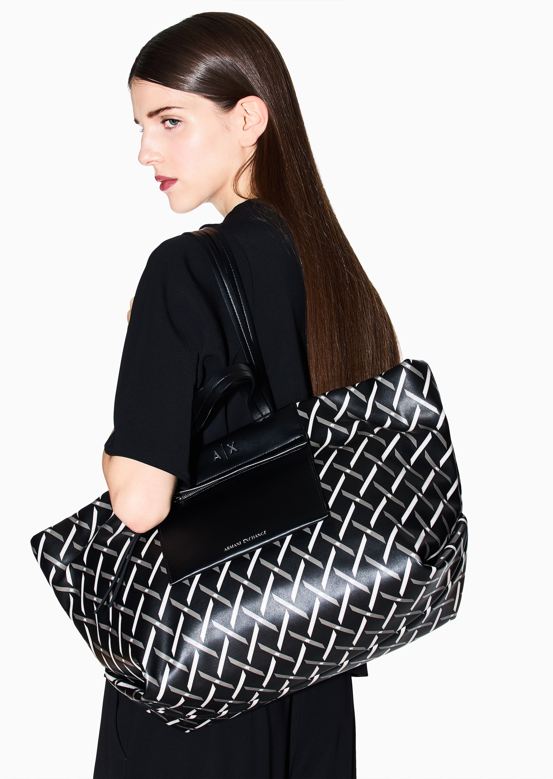 ARMANI EXCHANGE 女士大容量磁扣交织印花手提单肩托特包
