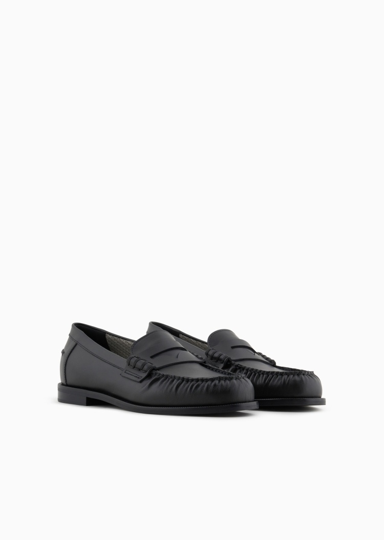 Emporio Armani 男士牛皮革一脚蹬低帮捏褶休闲乐福鞋