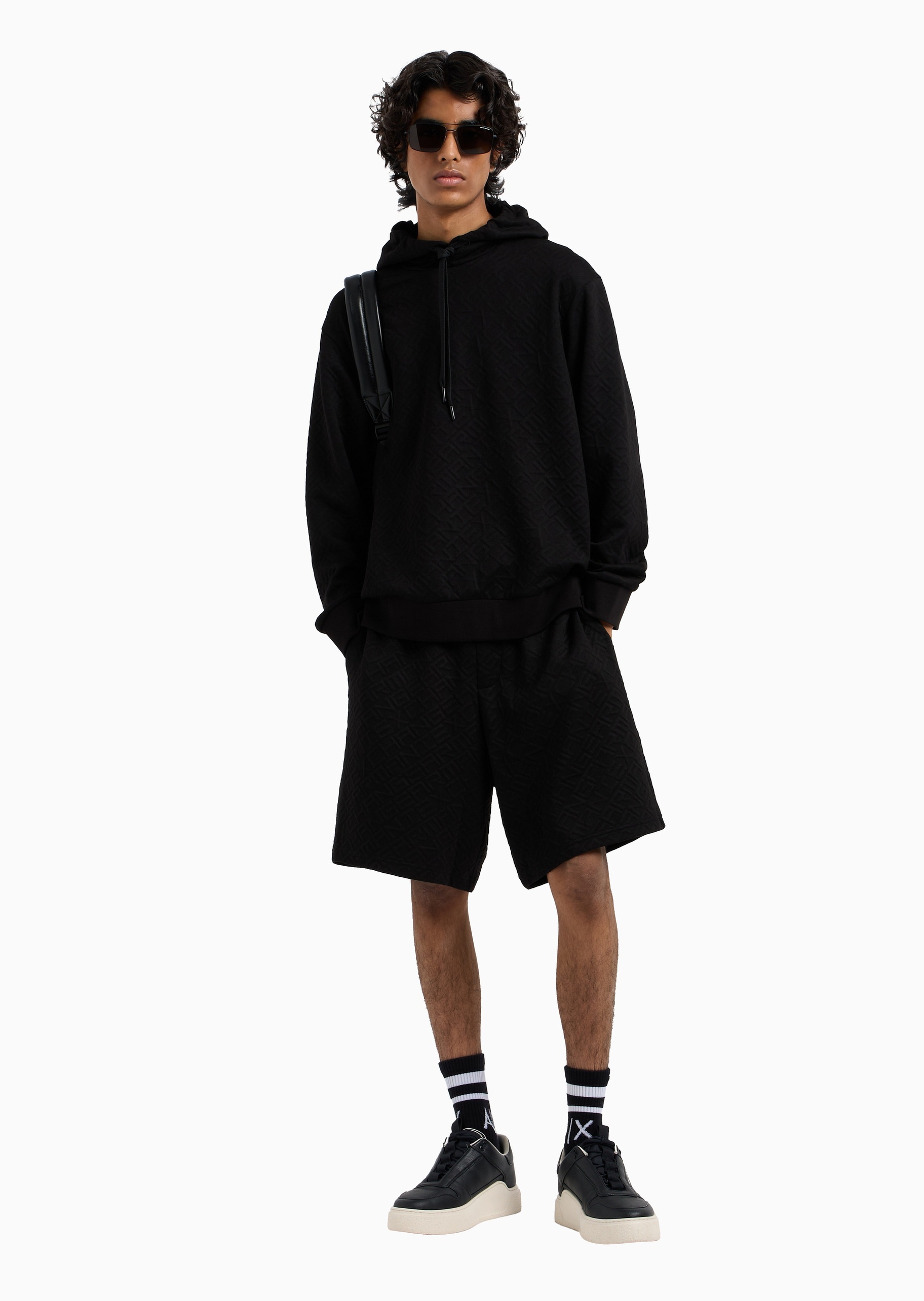 ARMANI EXCHANGE 男士宽松长袖连帽通体字母提花休闲卫衣