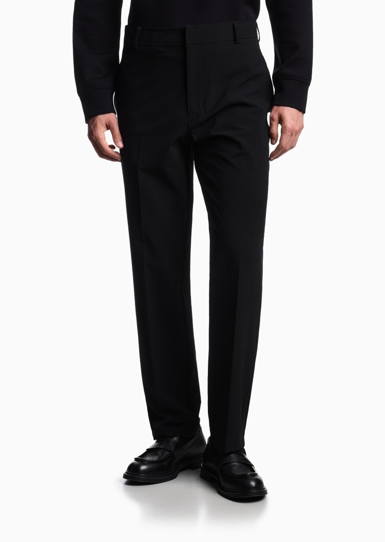 Emporio Armani 男士泡泡纱合身长款直筒纯色休闲裤