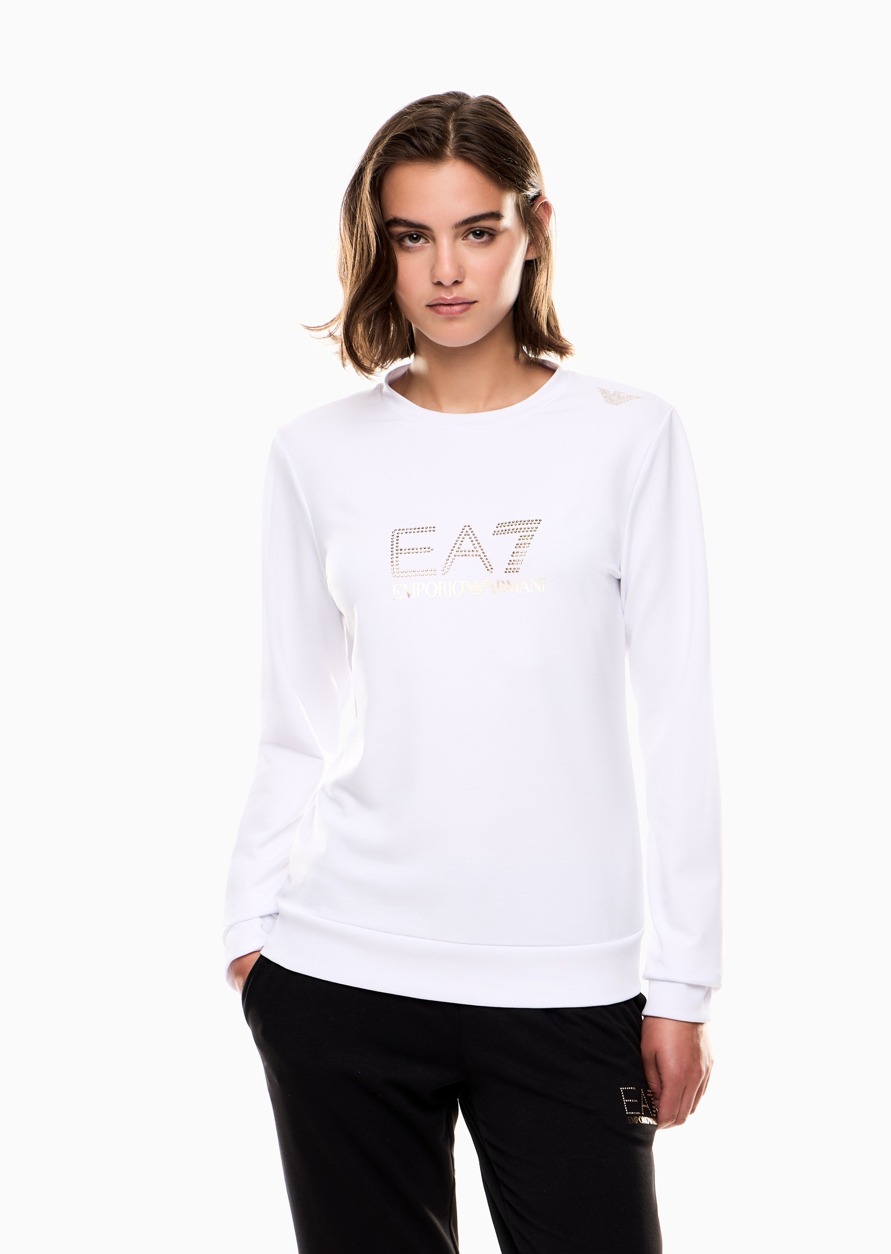 EA7 女士短款运动风慵懒风圆领休闲套头卫衣