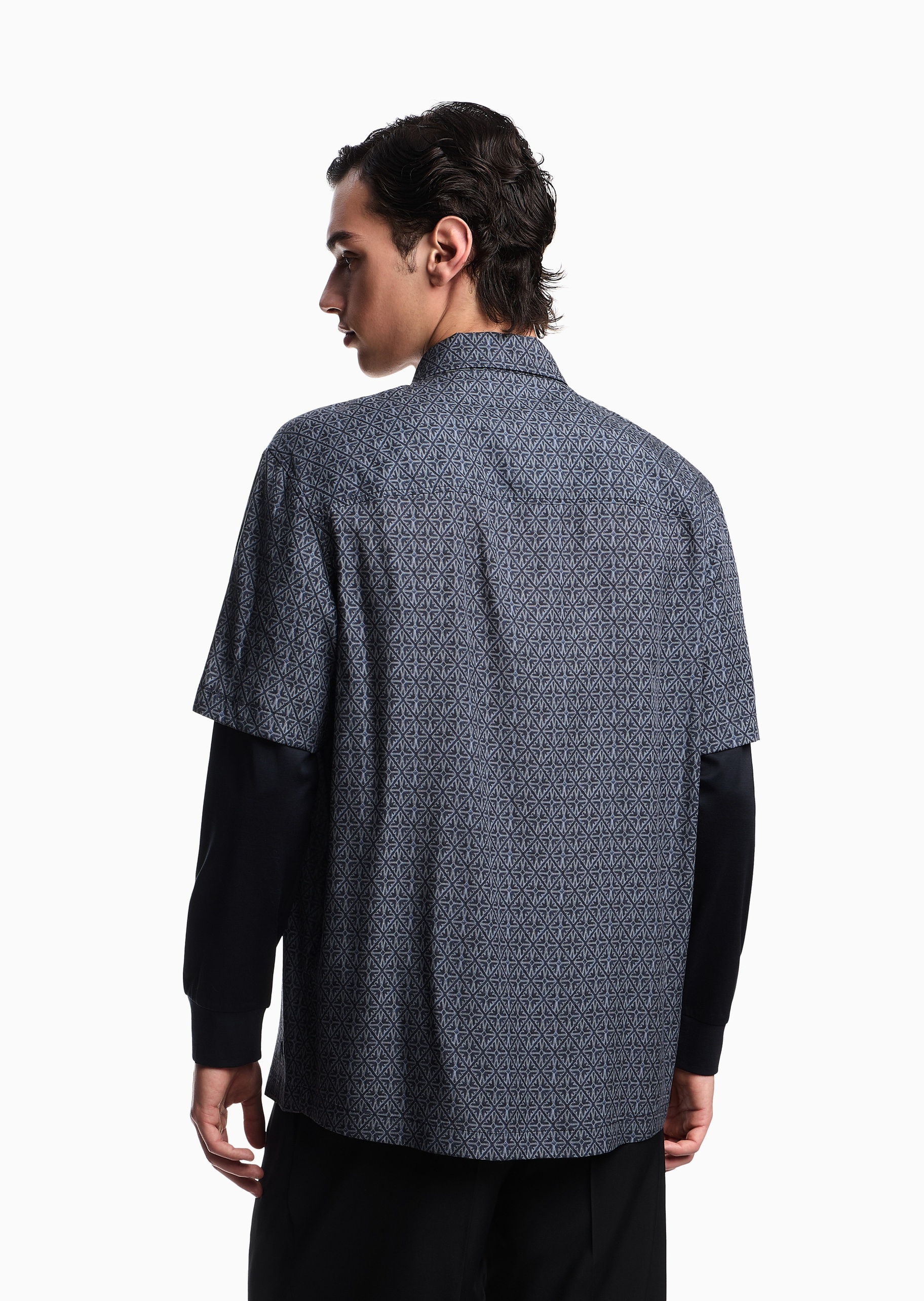 Emporio Armani 男士长袖翻领假两件满印休闲衬衫