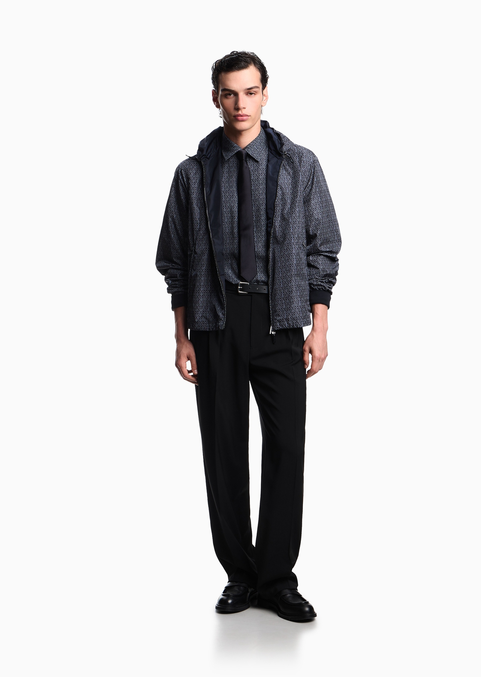 Emporio Armani 男士长袖翻领假两件满印休闲衬衫