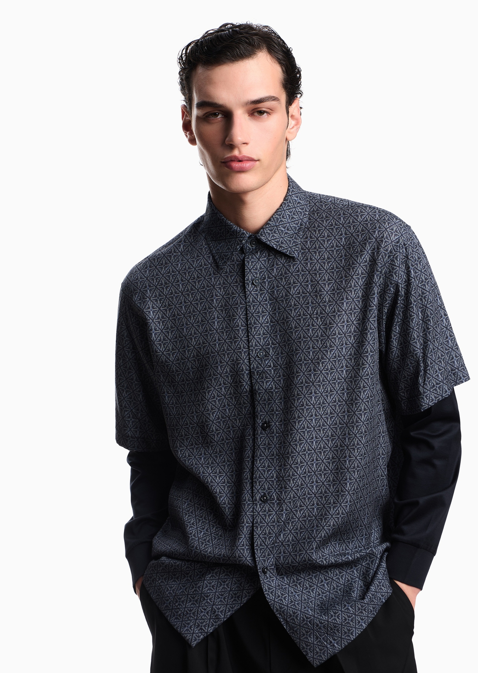 Emporio Armani 男士长袖翻领假两件满印休闲衬衫