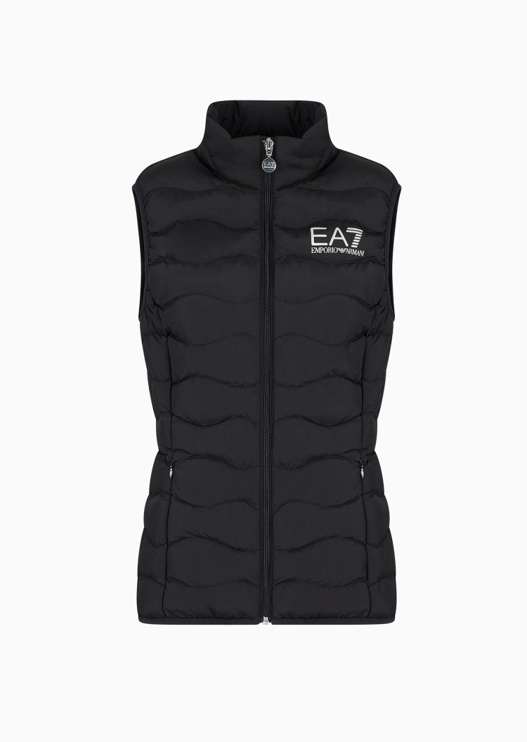 EA7 女士短款轻薄无袖立领波浪线健身训练棉服