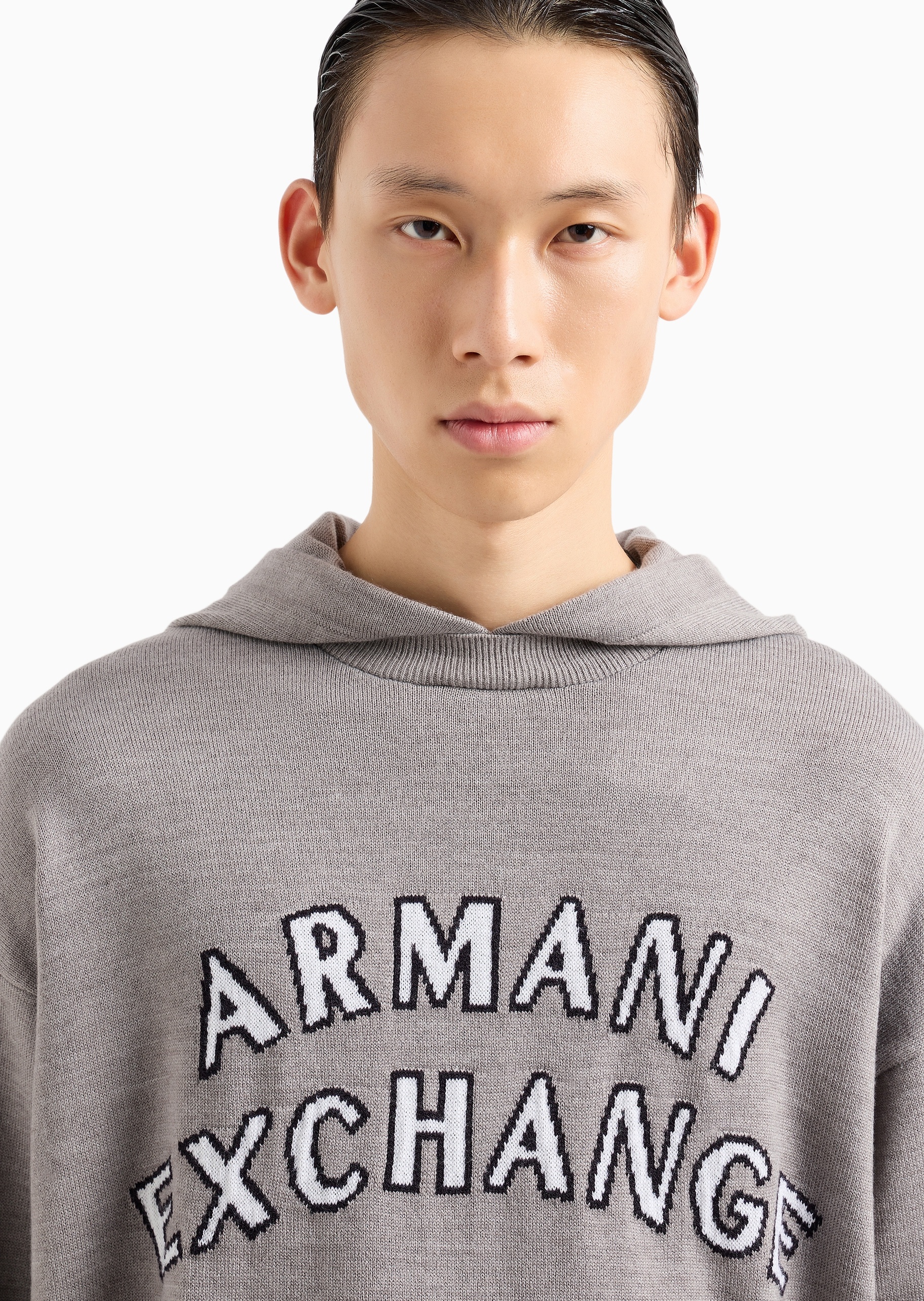 ARMANI EXCHANGE 男士绵羊毛连帽撞色提花套头针织毛衣