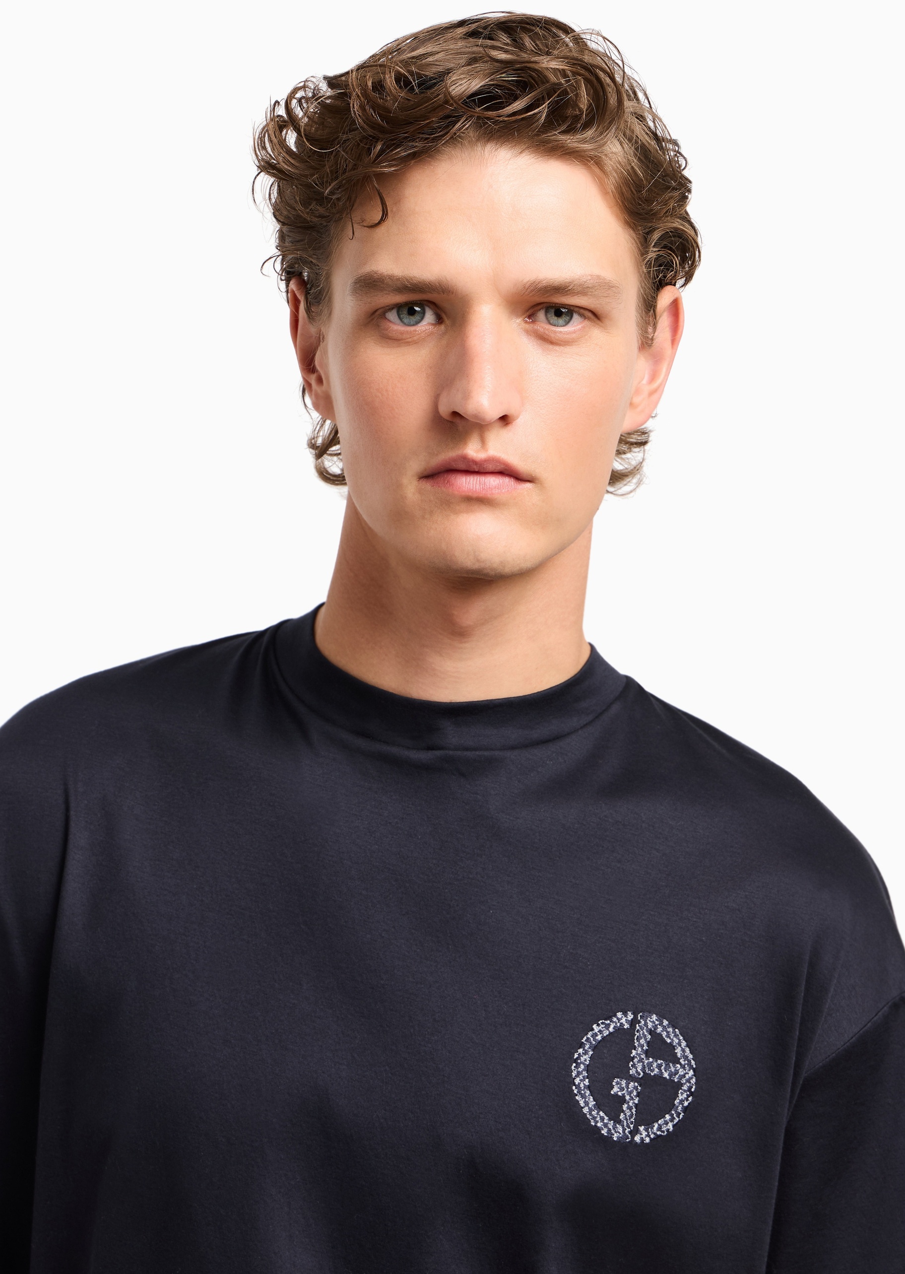 Giorgio Armani 男士纯棉宽松短袖圆领刺绣标识T恤