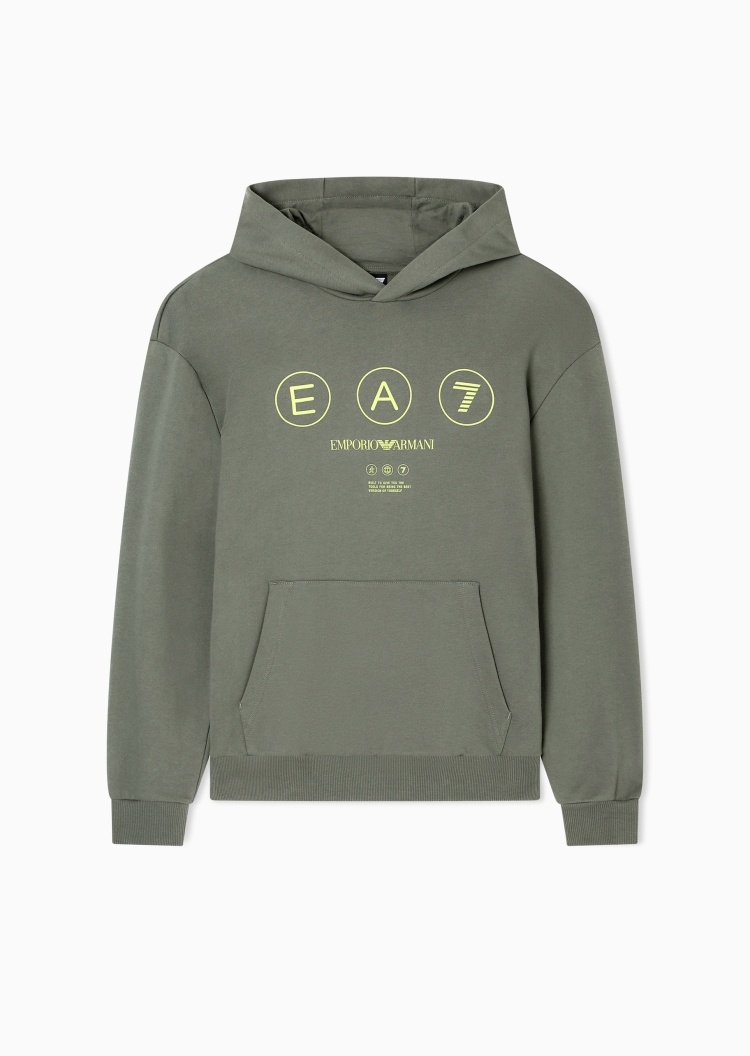 EA7 男士宽松短款重磅纯棉连帽套头卫衣