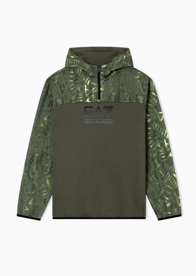 EA7 男士宽松印花重磅连帽半拉链卫衣