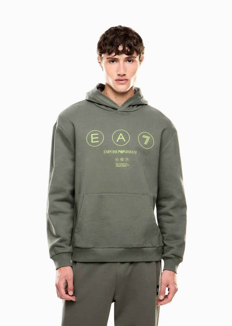 EA7 男士宽松短款重磅纯棉连帽套头卫衣
