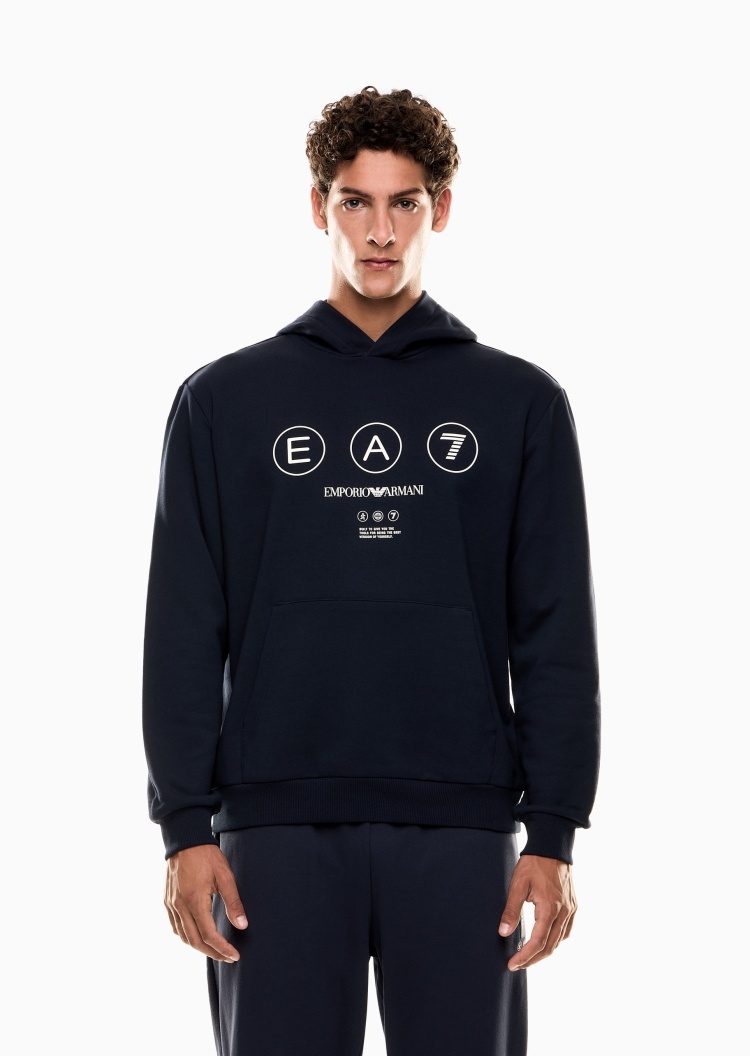EA7 男士宽松短款重磅纯棉连帽套头卫衣