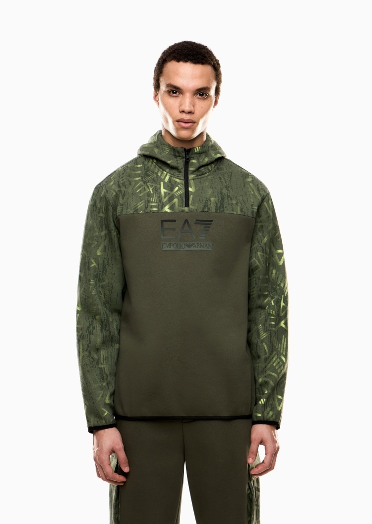 EA7 男士宽松印花重磅连帽半拉链卫衣