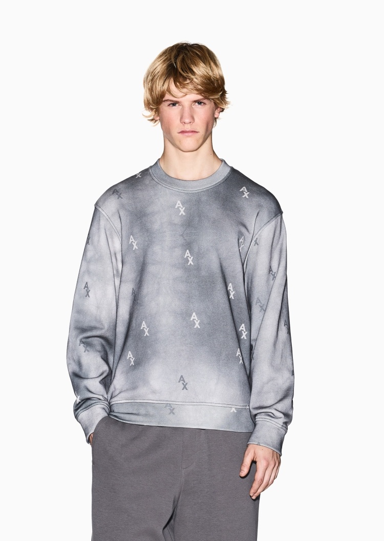 ARMANI EXCHANGE 男士套头运动风渐变晕染圆领落肩卫衣