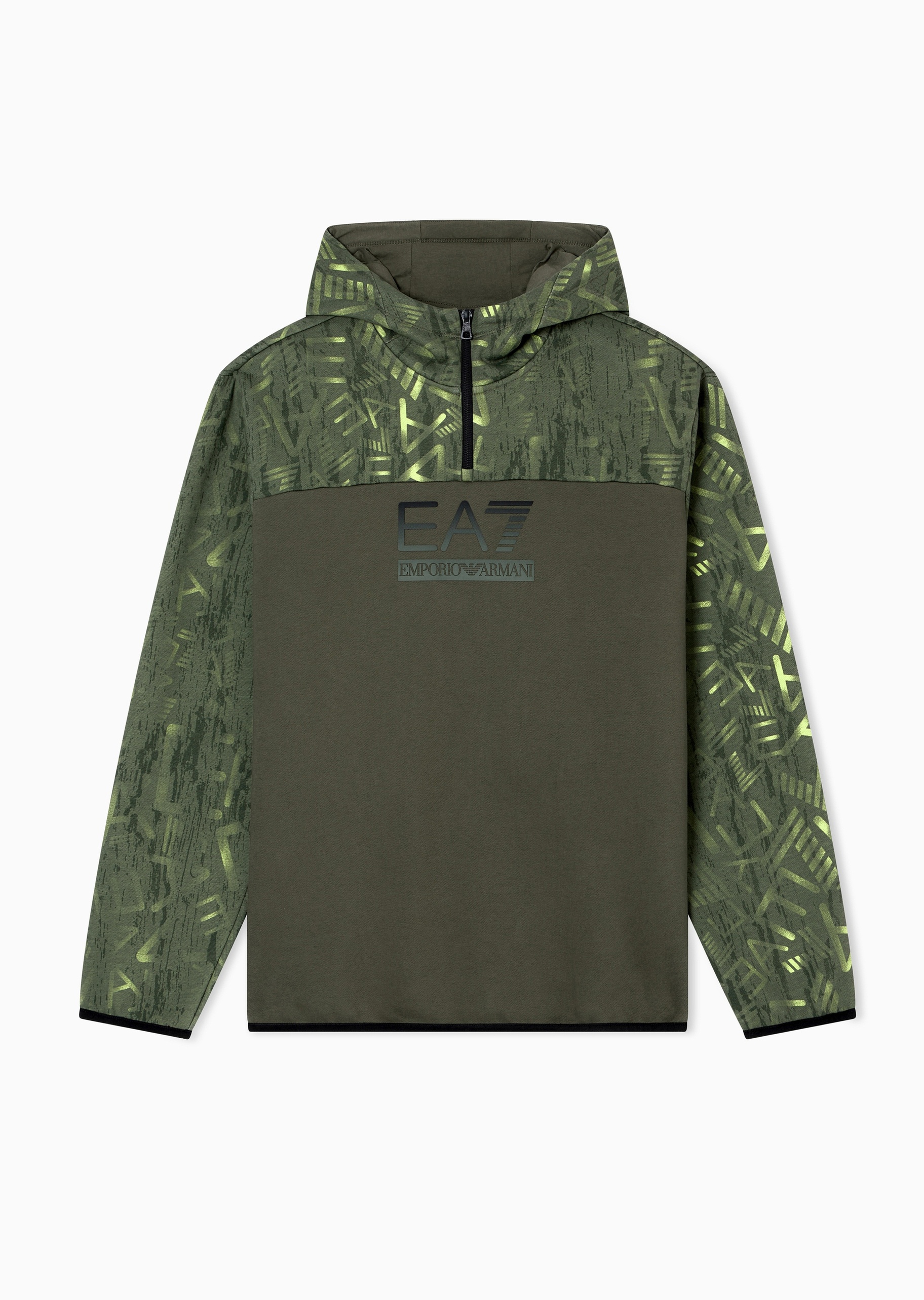 EA7 男士宽松印花重磅连帽半拉链卫衣