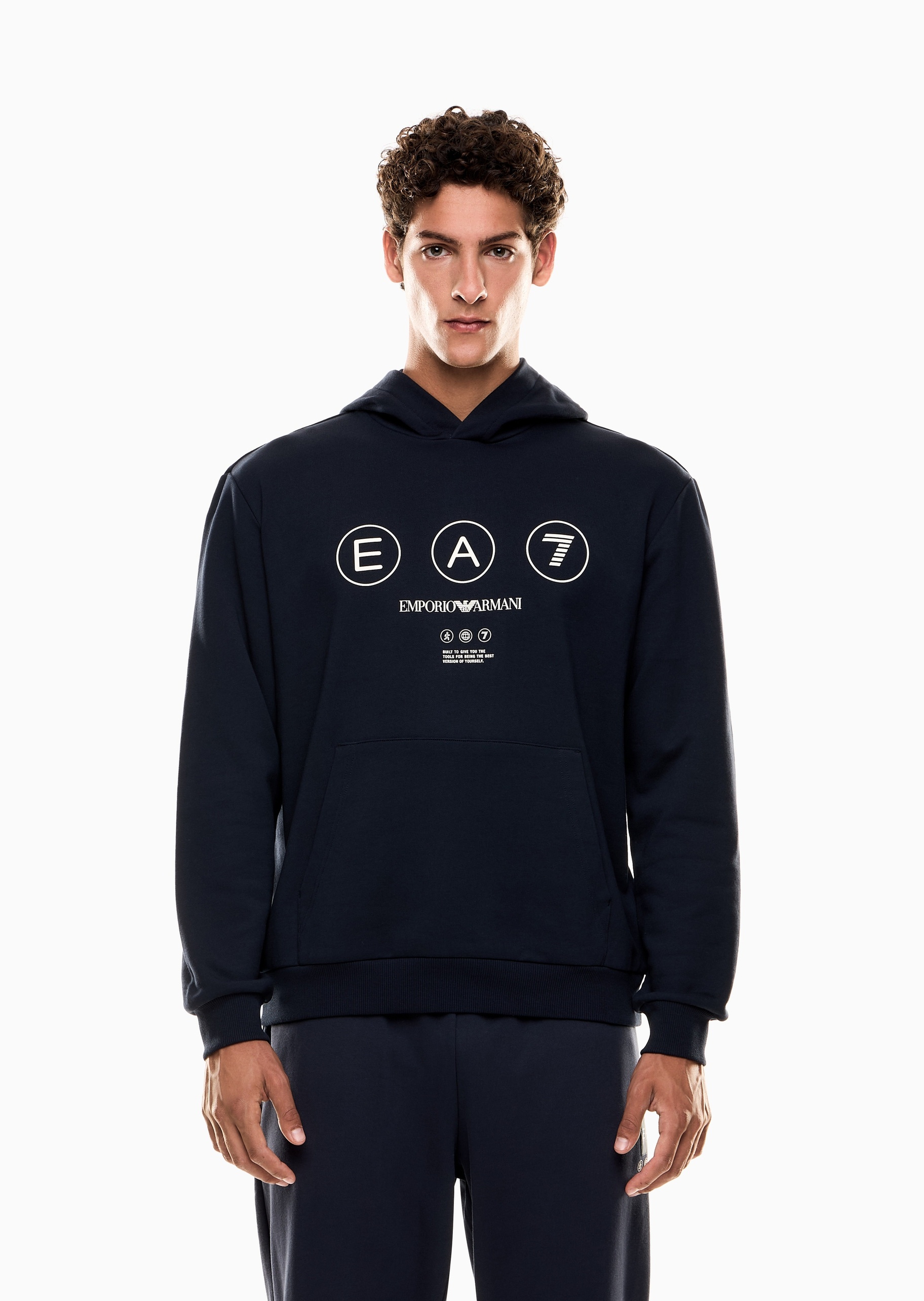 EA7 男士宽松短款重磅纯棉连帽套头卫衣