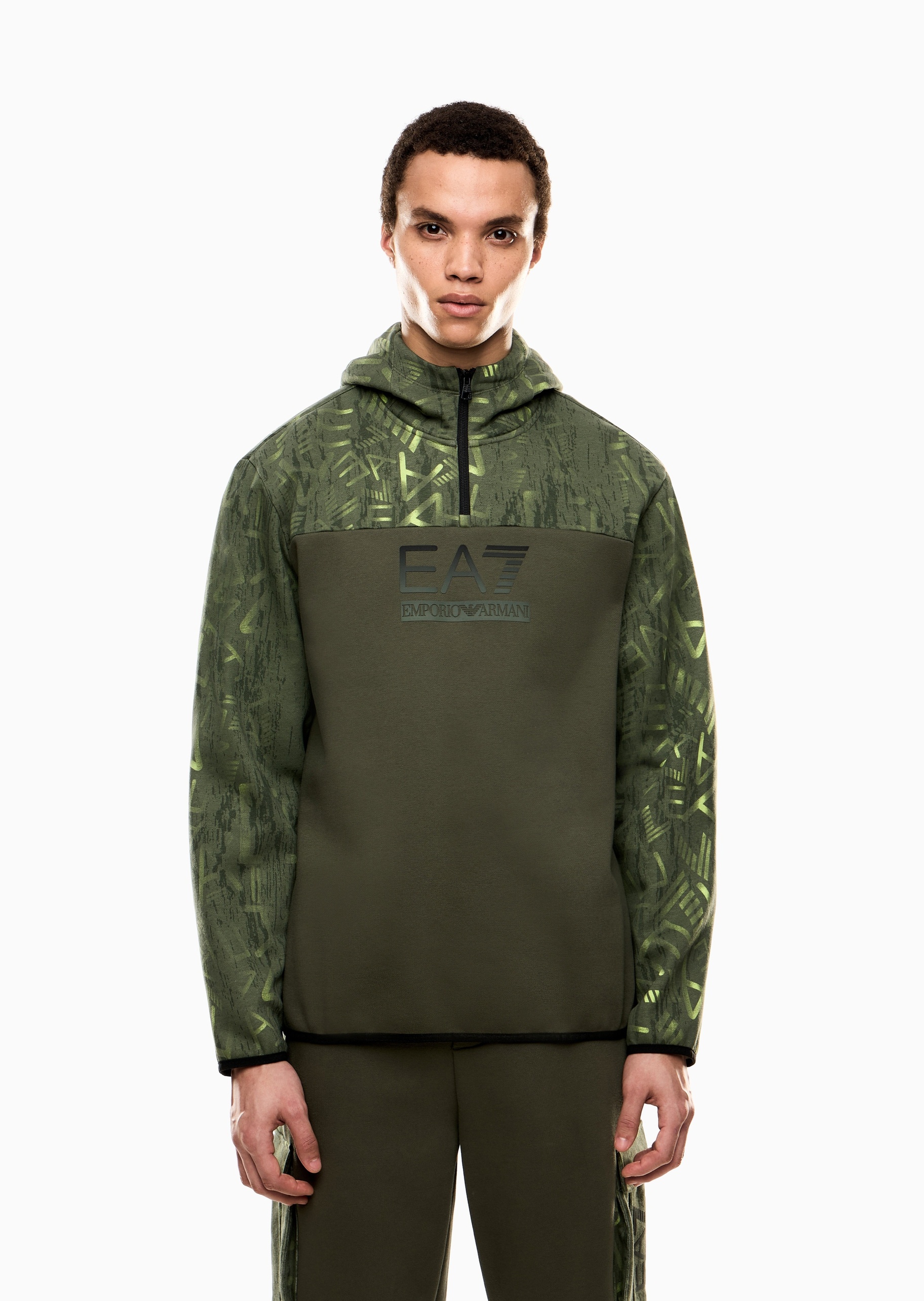 EA7 男士宽松印花重磅连帽半拉链卫衣