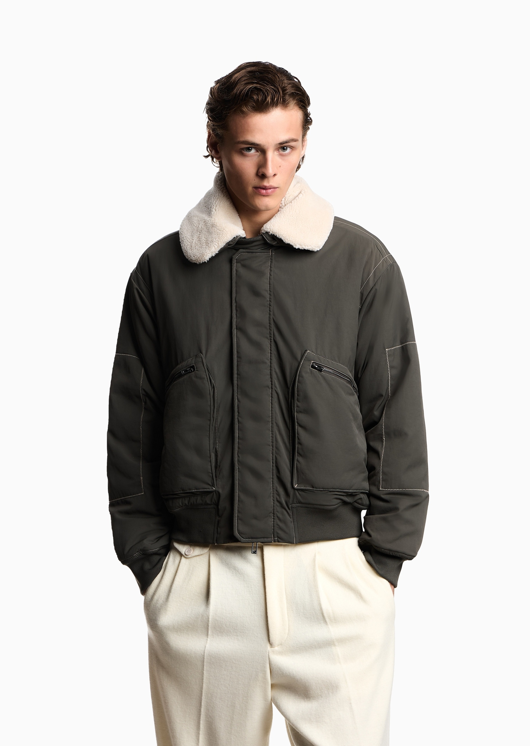 Emporio Armani 男士翻领直身飞行工装夹克棉服外套
