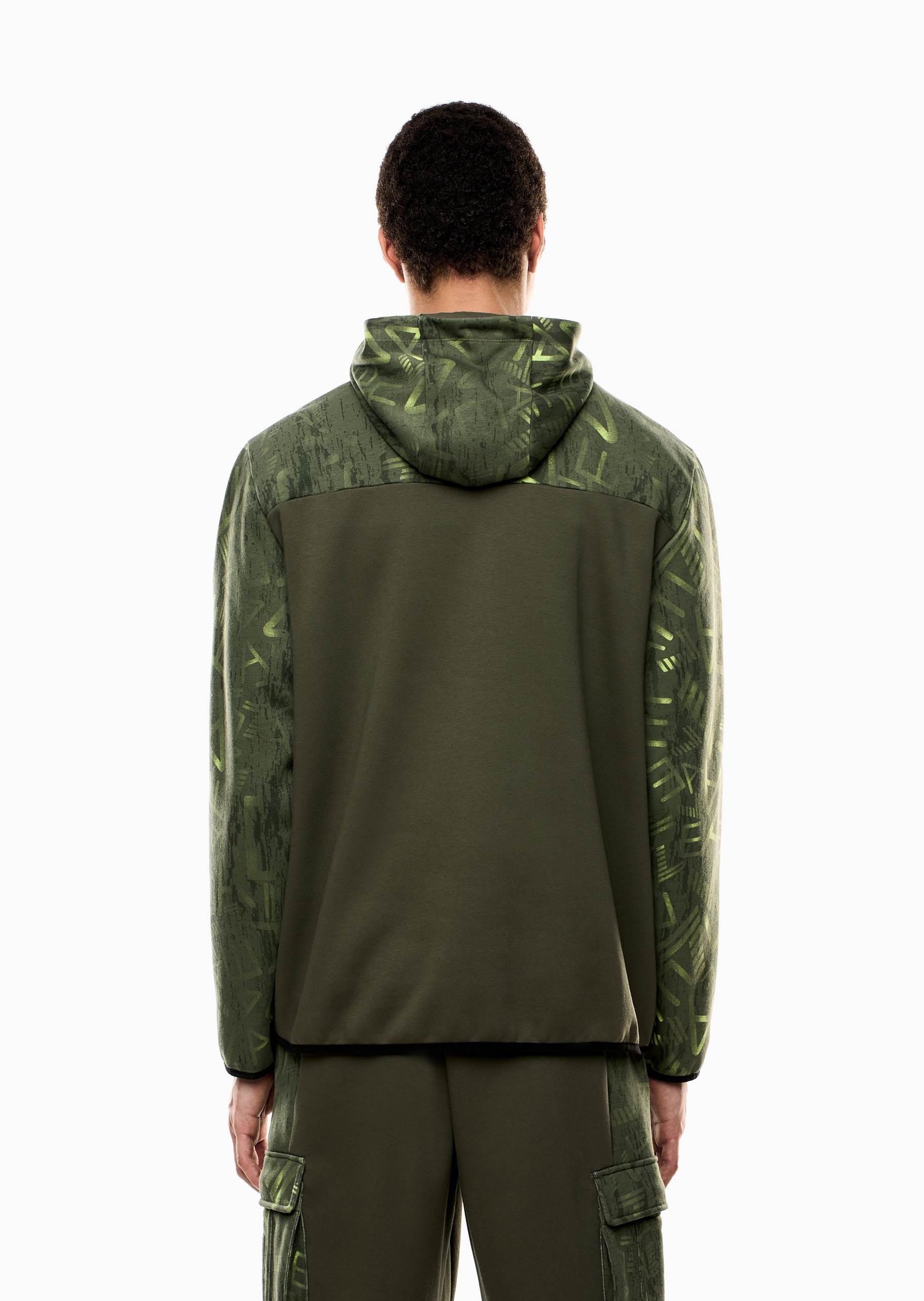 EA7 男士宽松印花重磅连帽半拉链卫衣