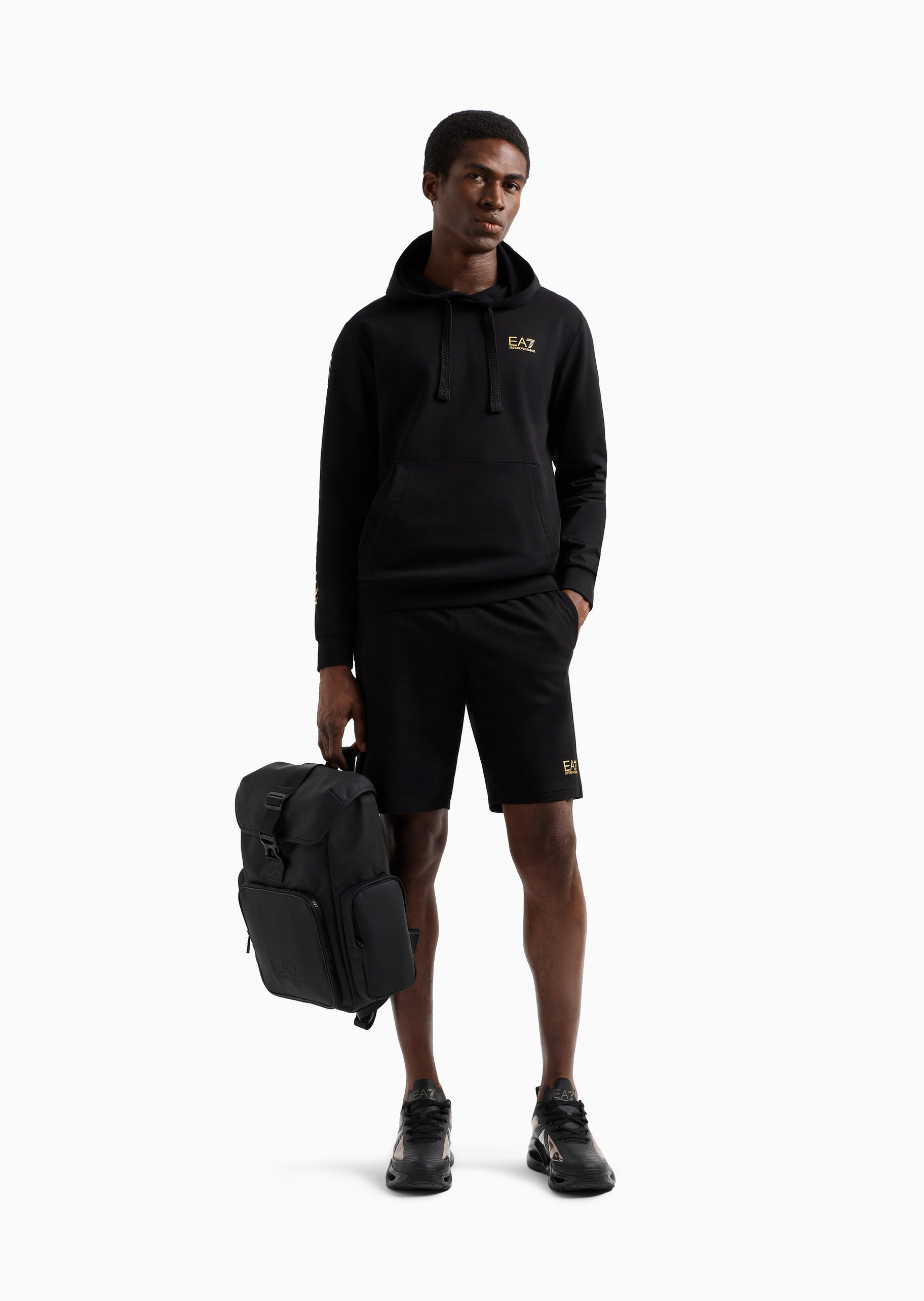 EA7 男士短款运动风毛圈重磅连帽套头卫衣