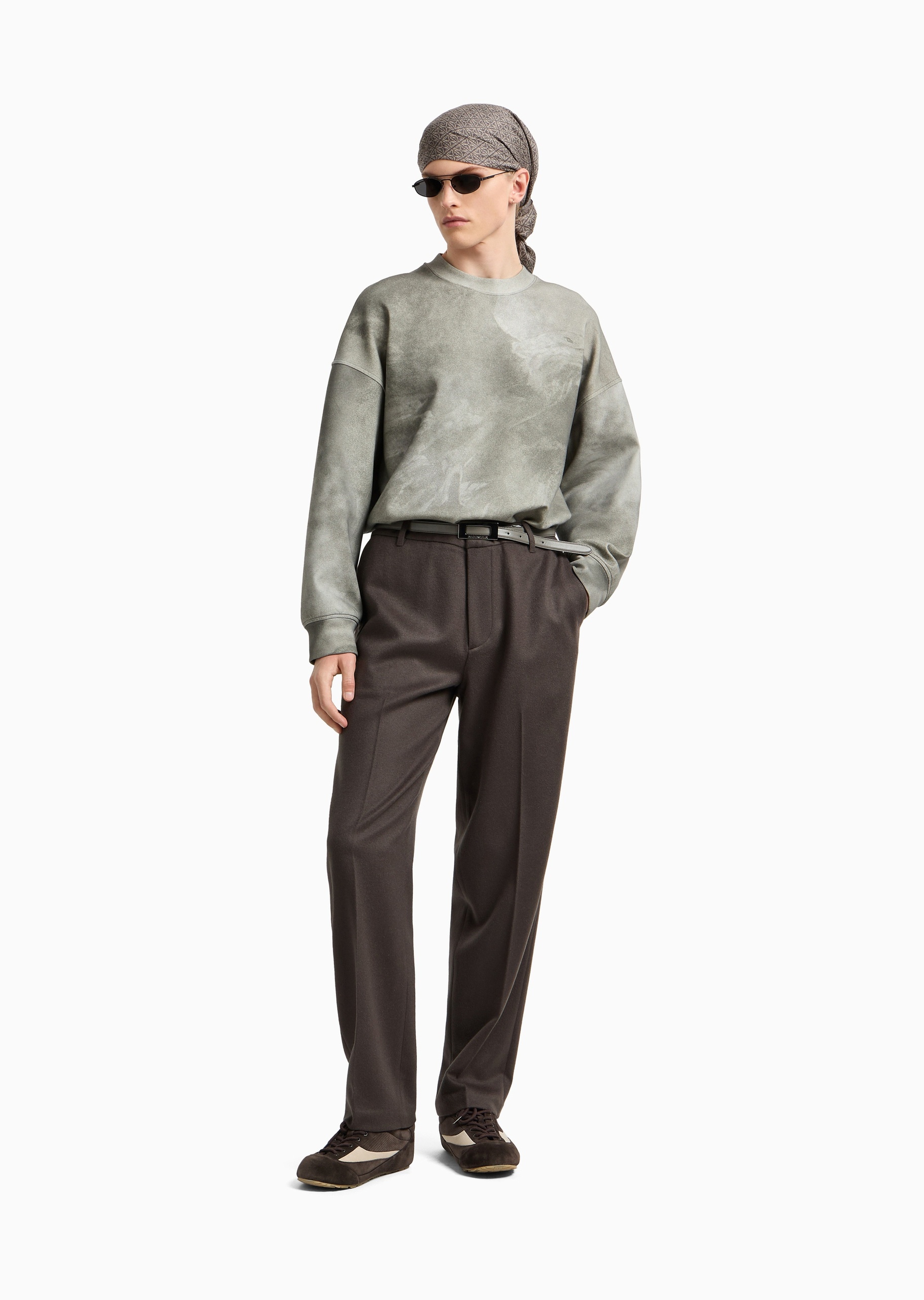 Emporio Armani 男士套头圆领落肩运动复古斑驳印花卫衣
