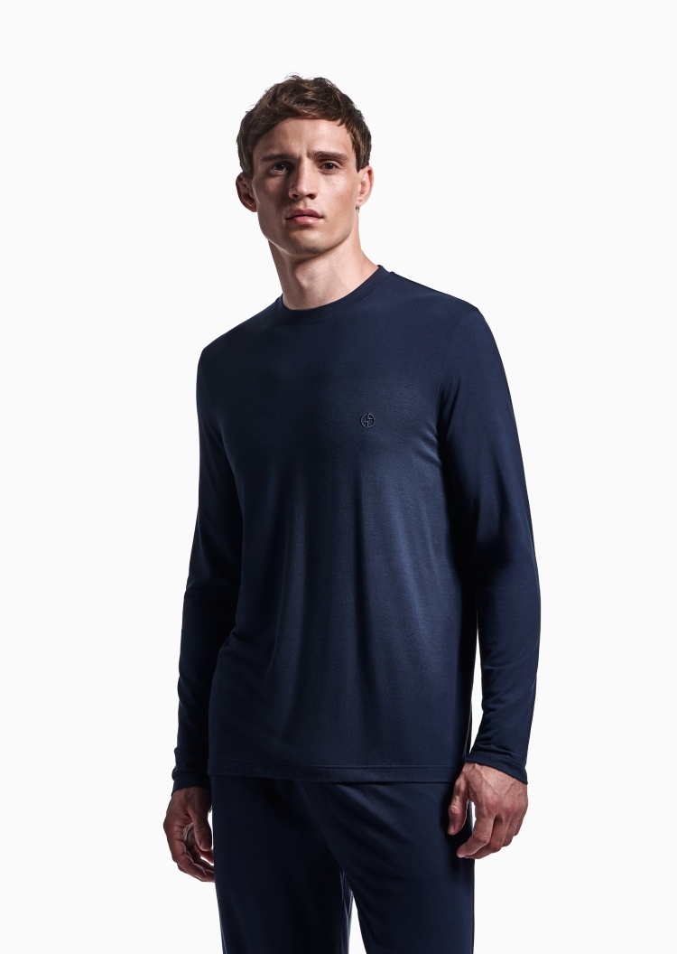 Giorgio Armani 男士莫代尔弹力长袖圆领刺绣家居T恤