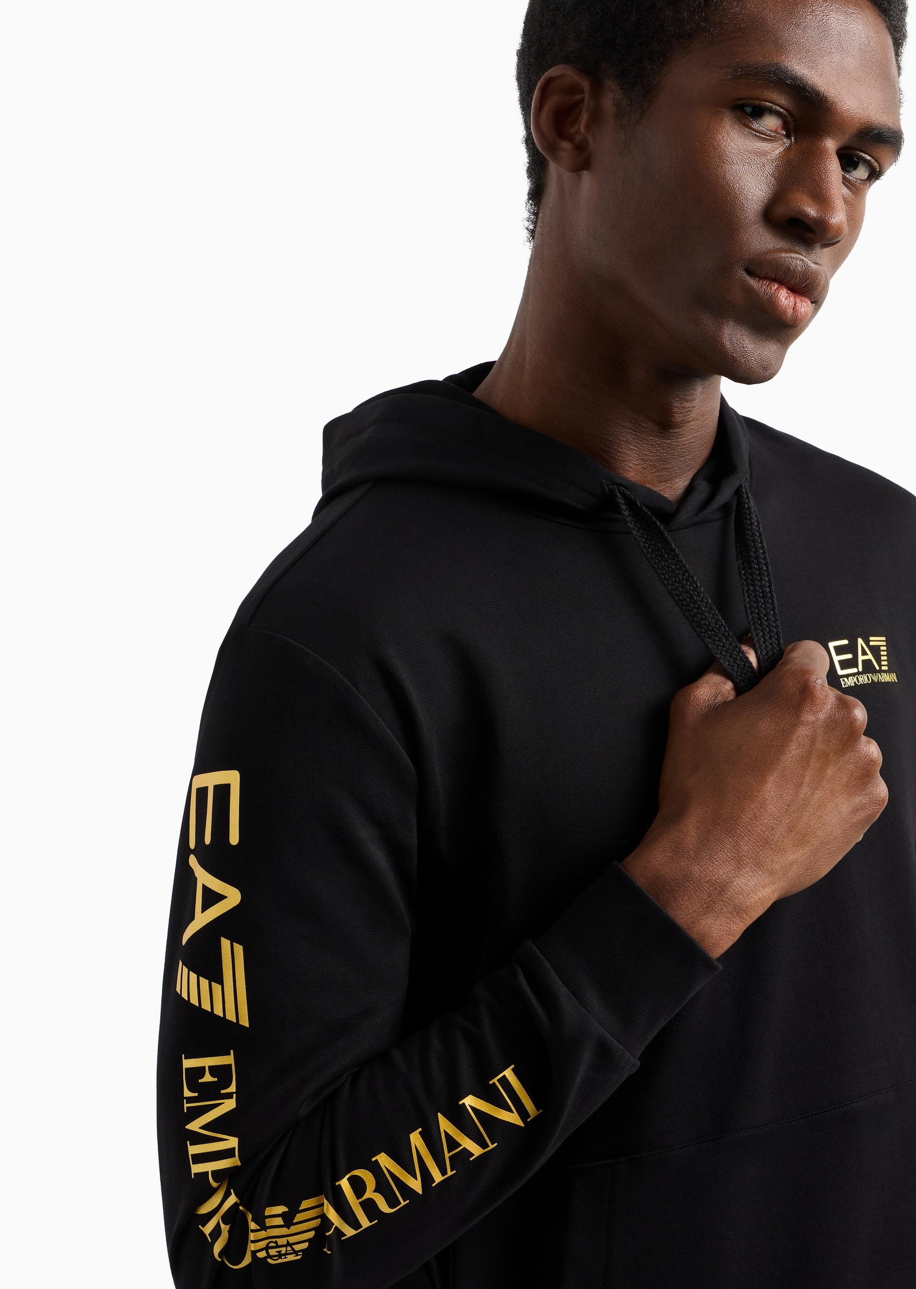 EA7 男士短款运动风毛圈重磅连帽套头卫衣