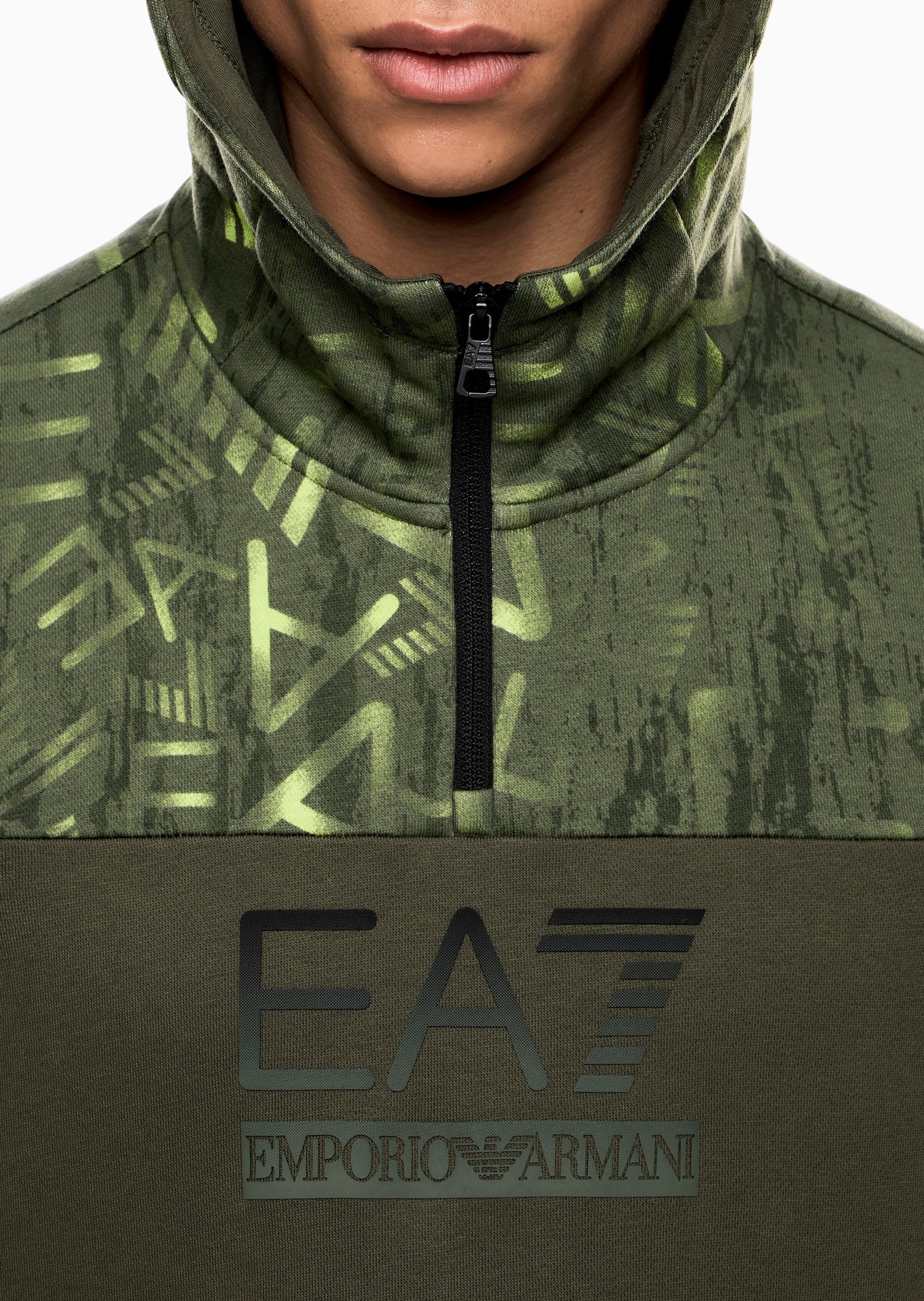 EA7 男士宽松印花重磅连帽半拉链卫衣