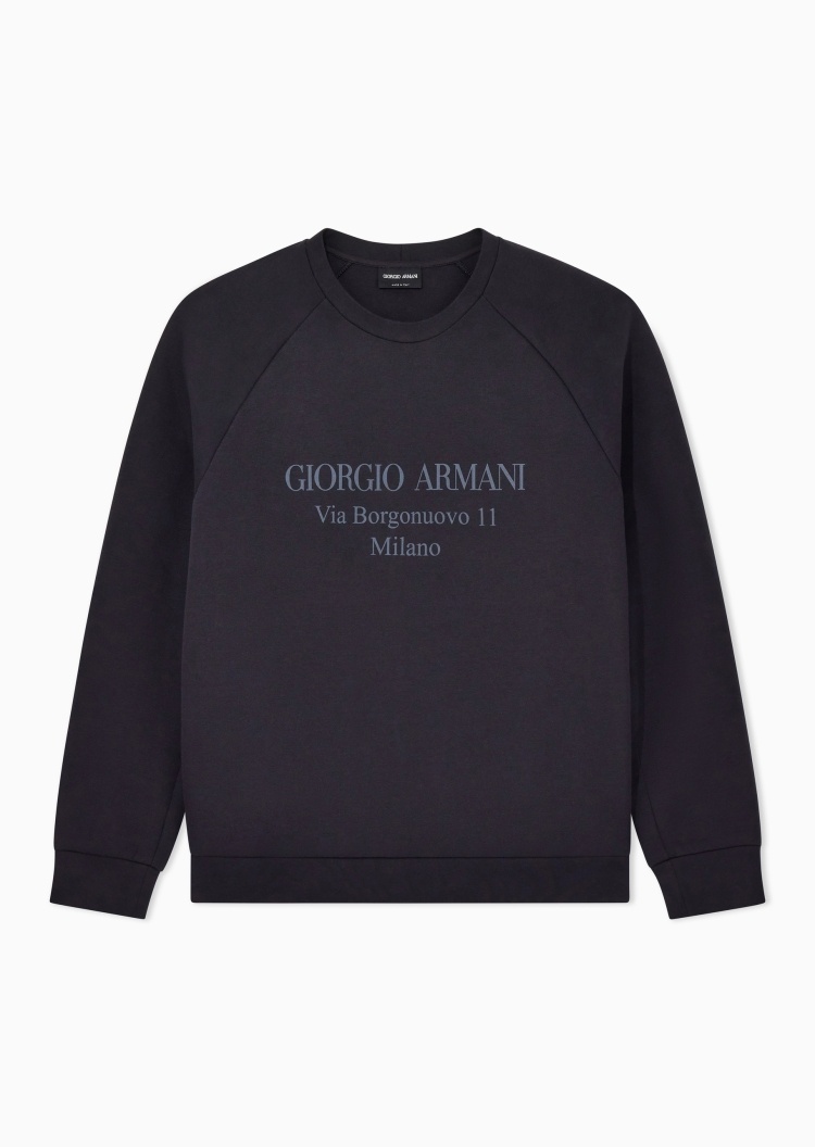 Giorgio Armani 男士棉质合身长袖圆领插肩印花卫衣