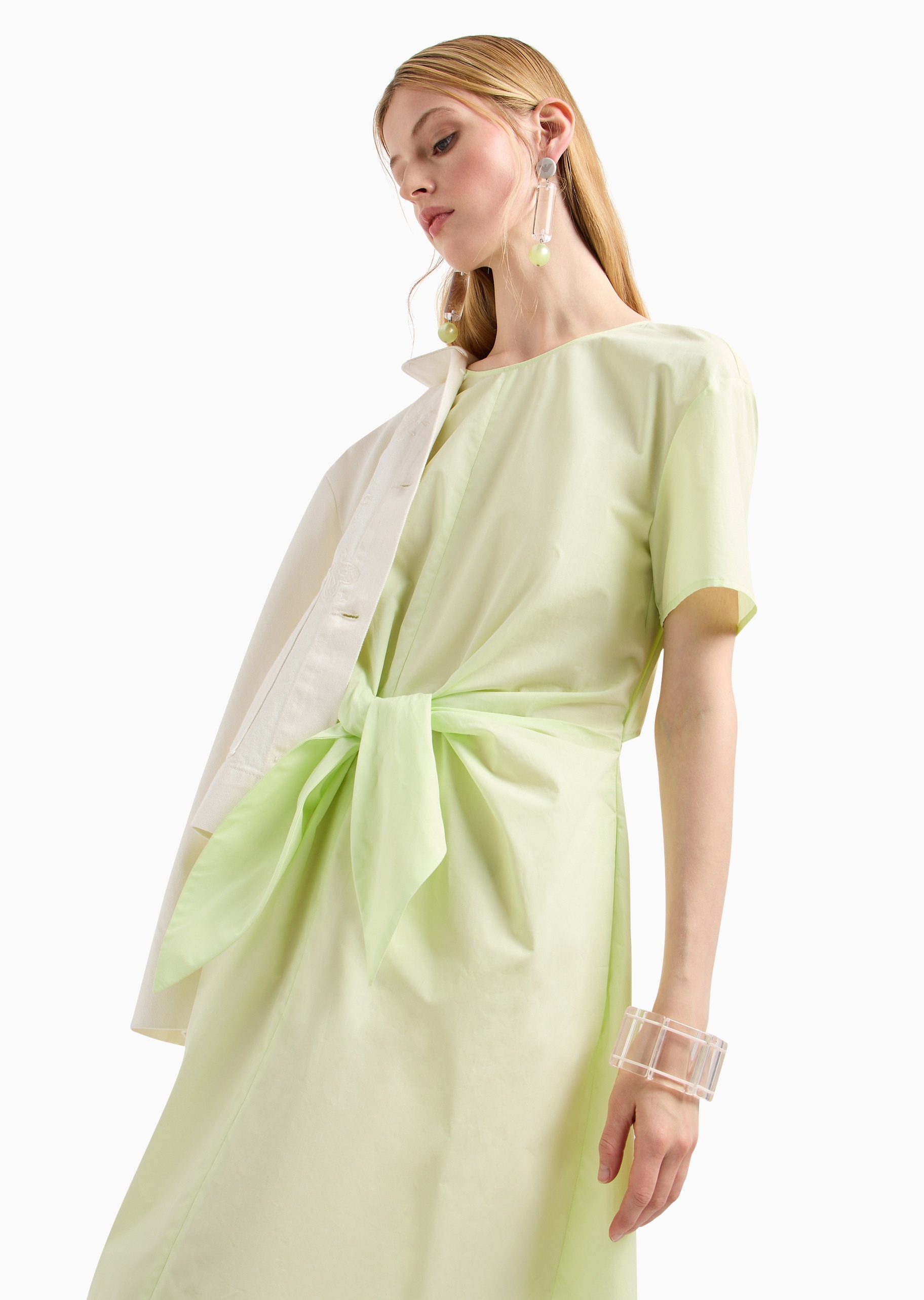 Emporio Armani 女士全棉合身短袖短款圆领微落肩纯色连衣裙
