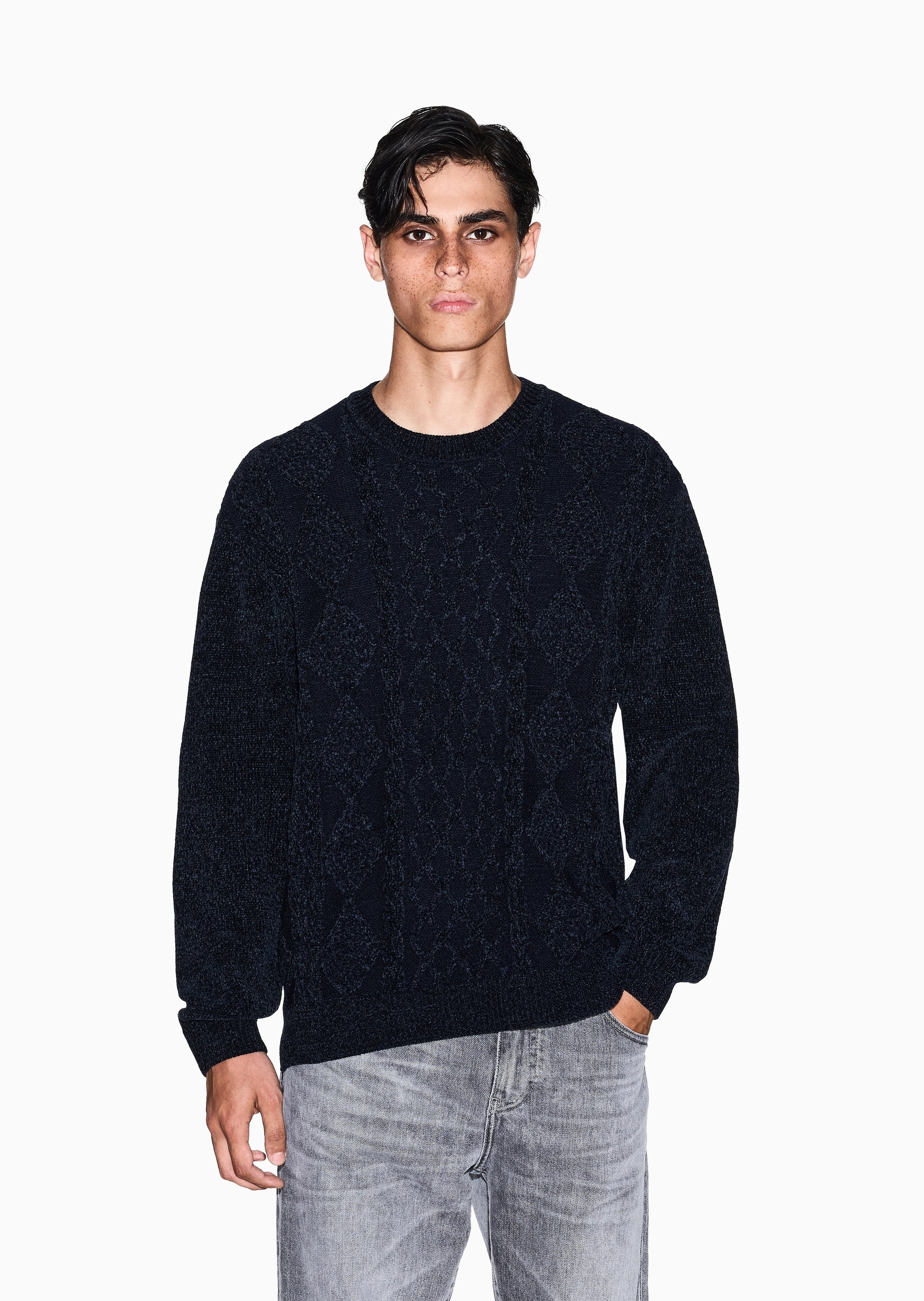 ARMANI EXCHANGE 男士羊毛混纺老钱风绞花套头针织毛衣