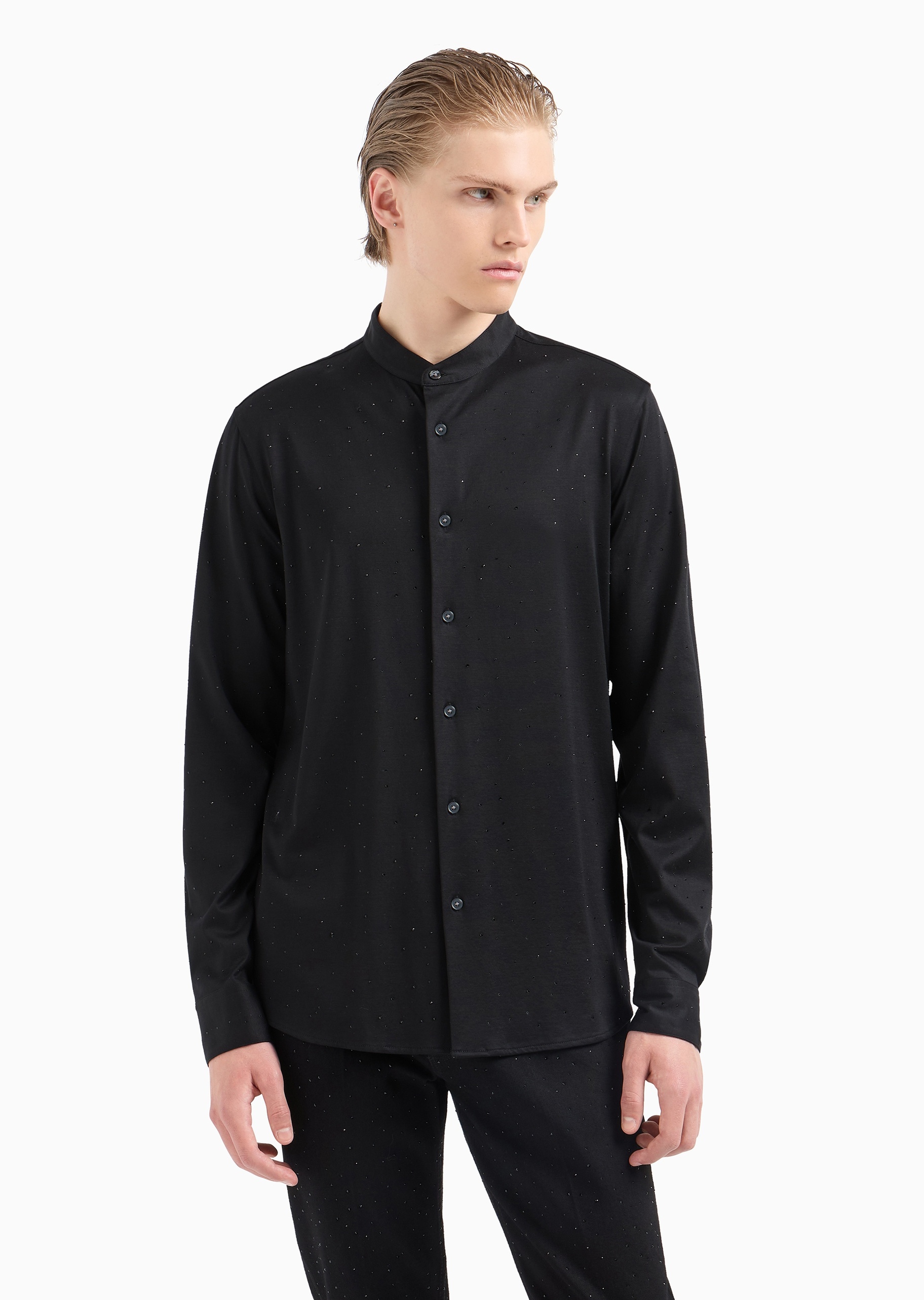 Emporio Armani 男士莱赛尔混纺水钻轻奢人夫感立领衬衫