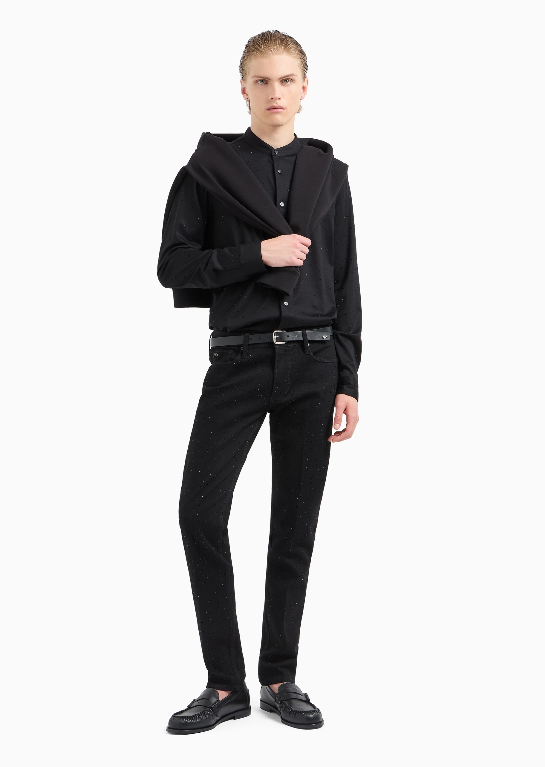 Emporio Armani 男士莱赛尔混纺水钻轻奢人夫感立领衬衫