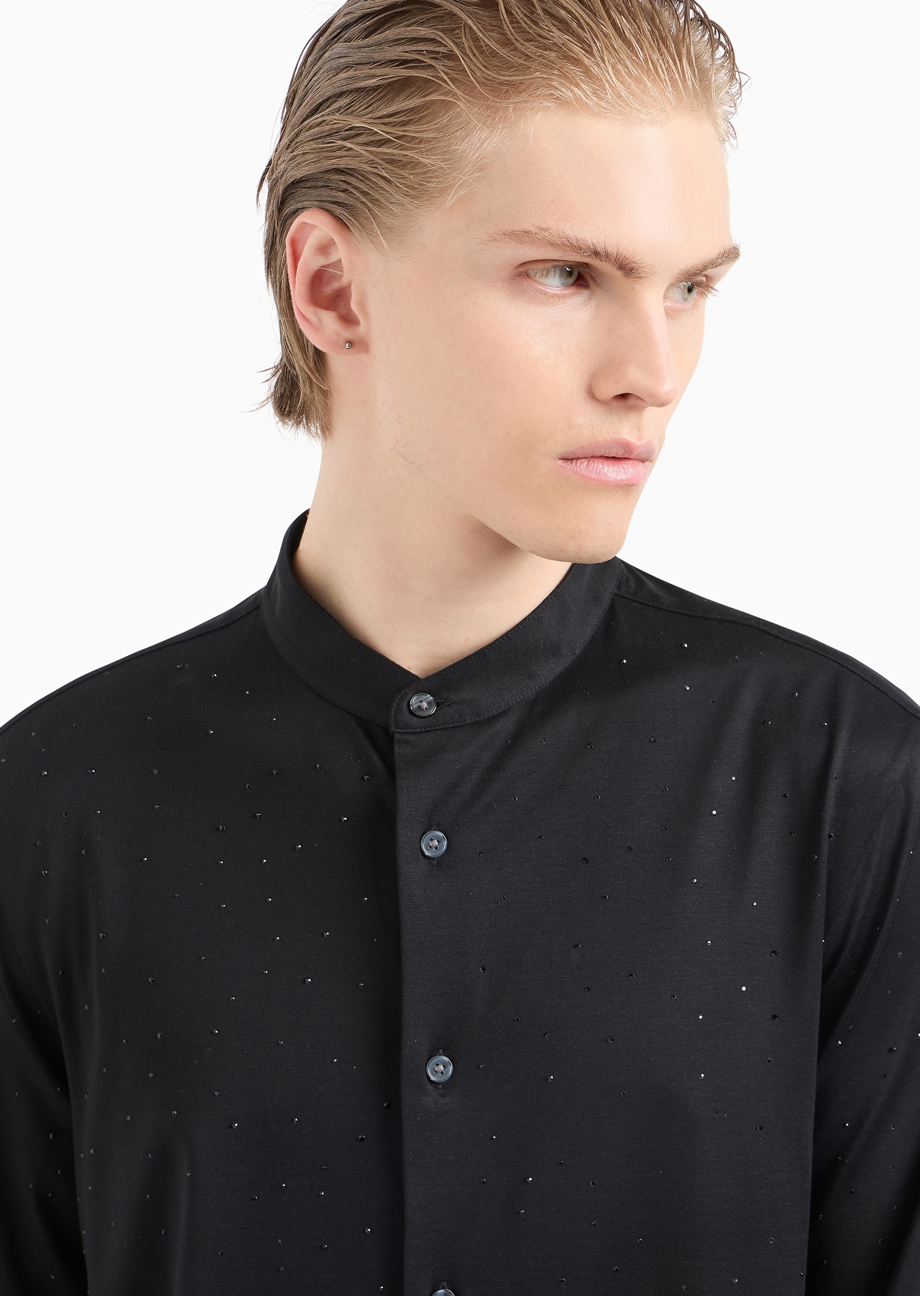 Emporio Armani 男士莱赛尔混纺水钻轻奢人夫感立领衬衫