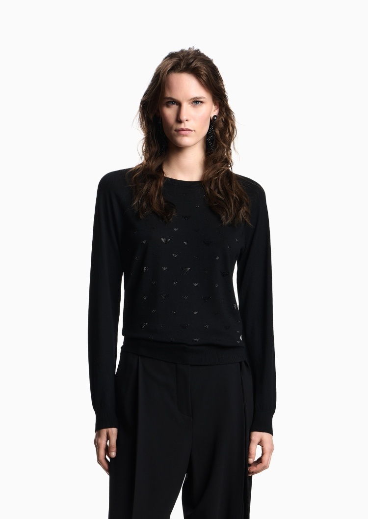 Emporio Armani 女士圆领绵羊毛水钻套头针织毛衣