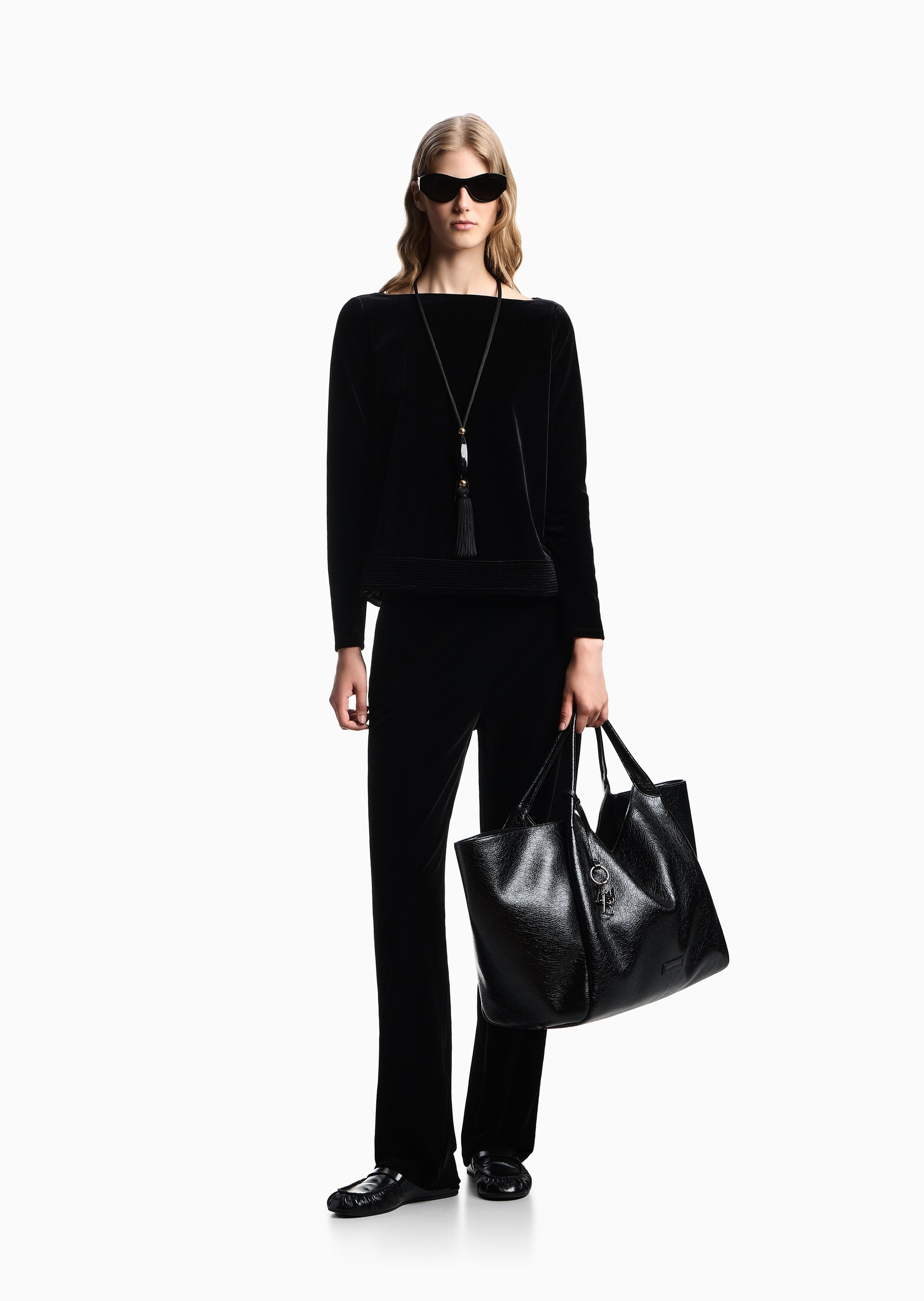 Emporio Armani 女士直筒垂感复古松弛感丝绒弹力休闲裤