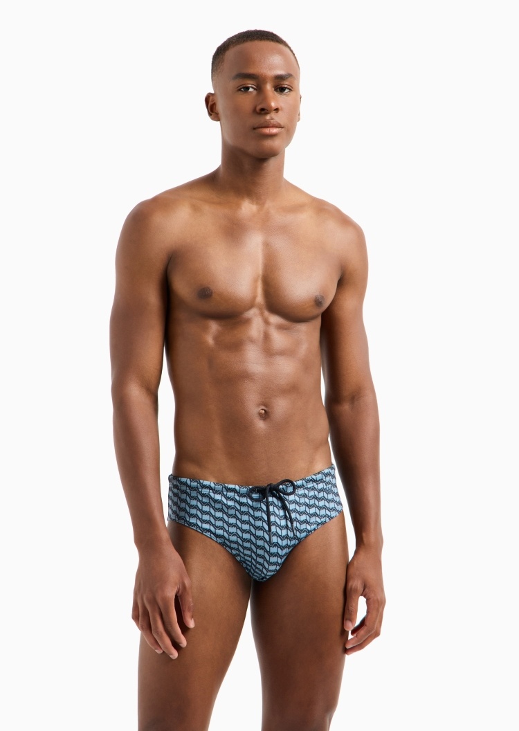Emporio Armani 男士弹力系带三角通体鹰标提花泳裤