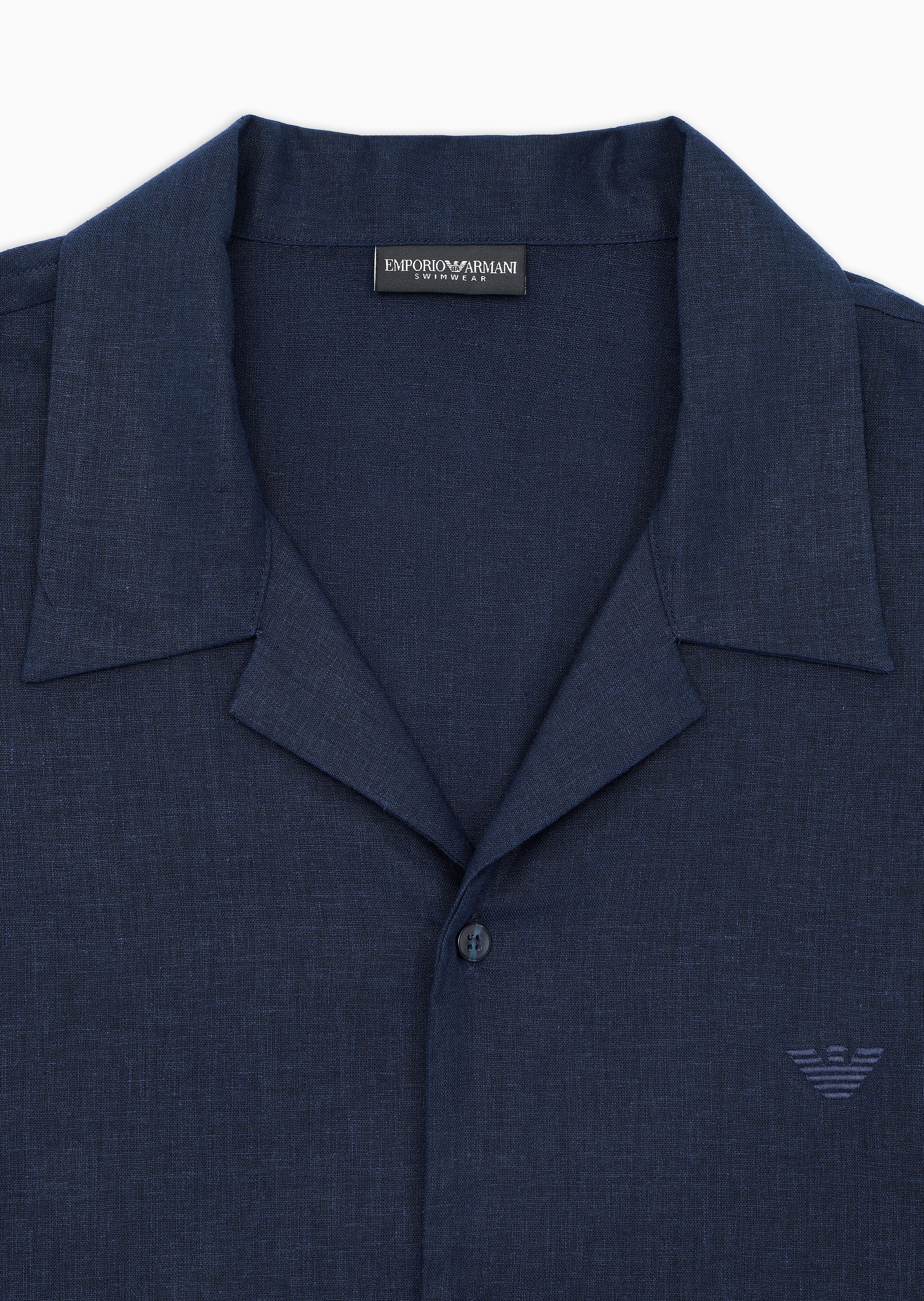 Emporio Armani 男士亚麻混纺宽松短袖翻领廓形纯色沙滩衬衫